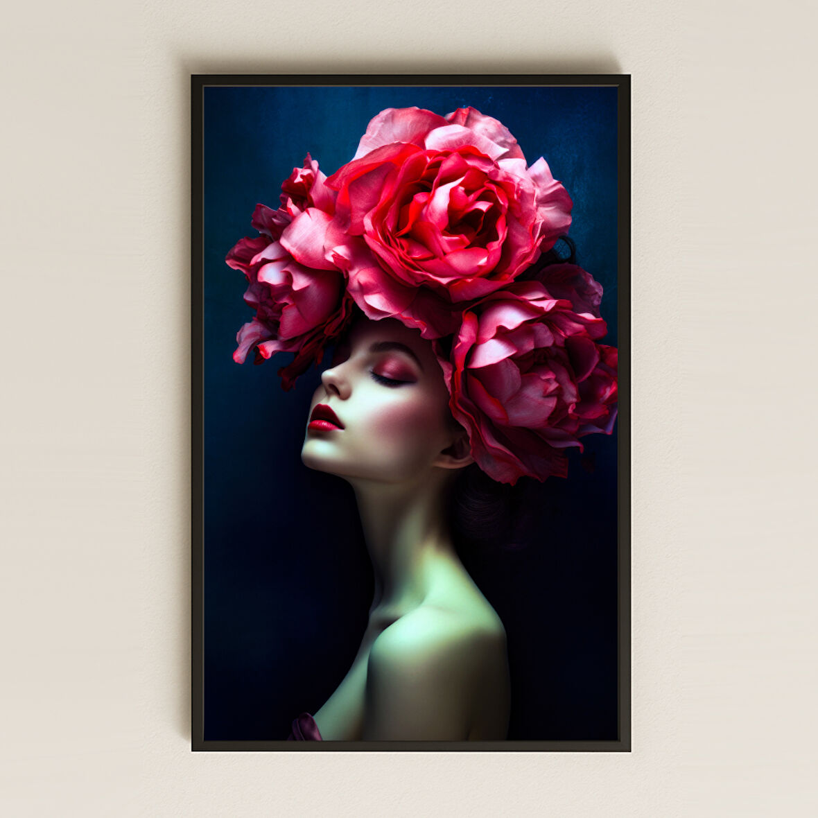 Kırmızı Güllü Kadın Portresi Temalı Güçlü Sanatsal Pleksi Tablo