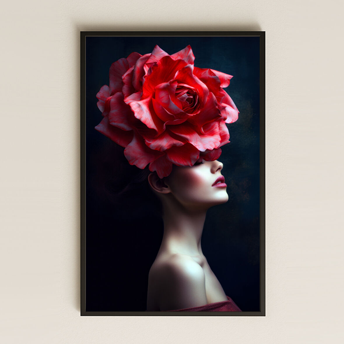 Kırmızı Güllü Profil Kadın Portresi Temalı Sanatsal Pleksi Tablo