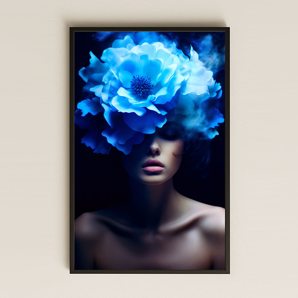 Sisli Mavi Çiçekli Kadın Portresi Temalı Sanatsal Pleksi Tablo