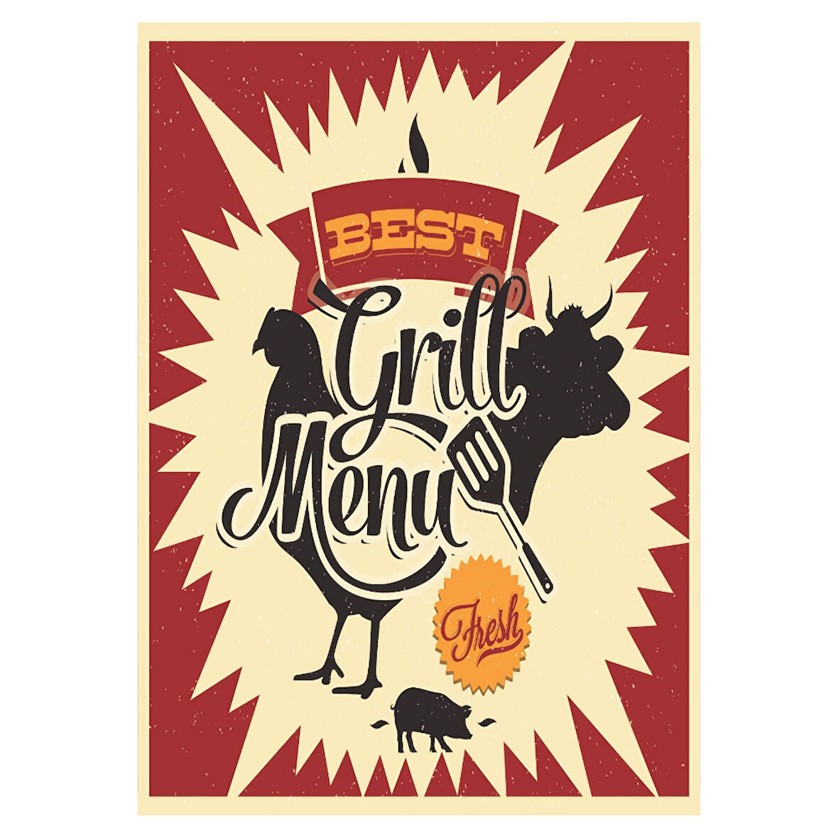 Best Grill Menu Retro Poster | Ahşap Mangal Duvar Tablosu
