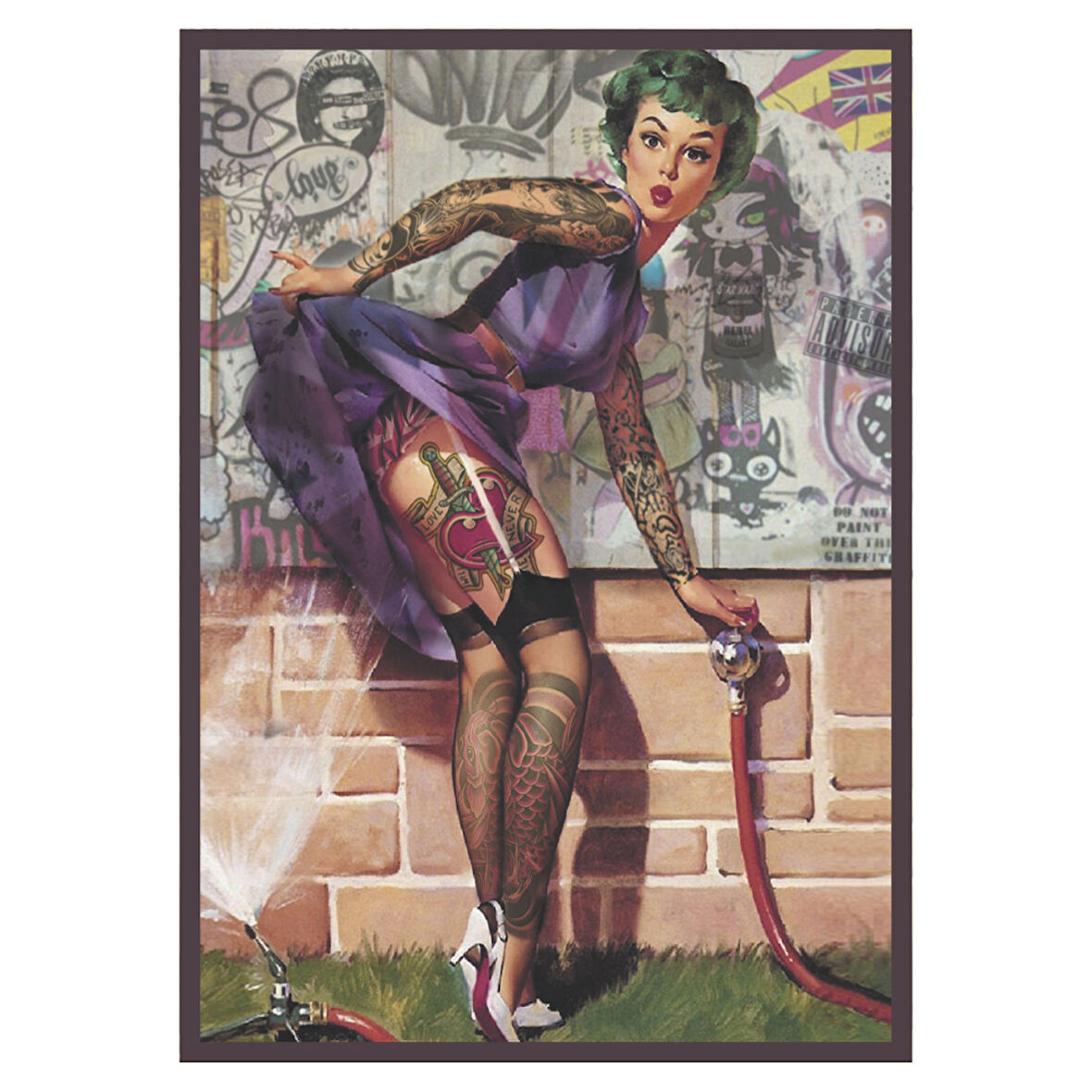 Graffiti Duvarlı Dövmeli Kadın İllüstrasyonlu Ahşap Retro Tablo