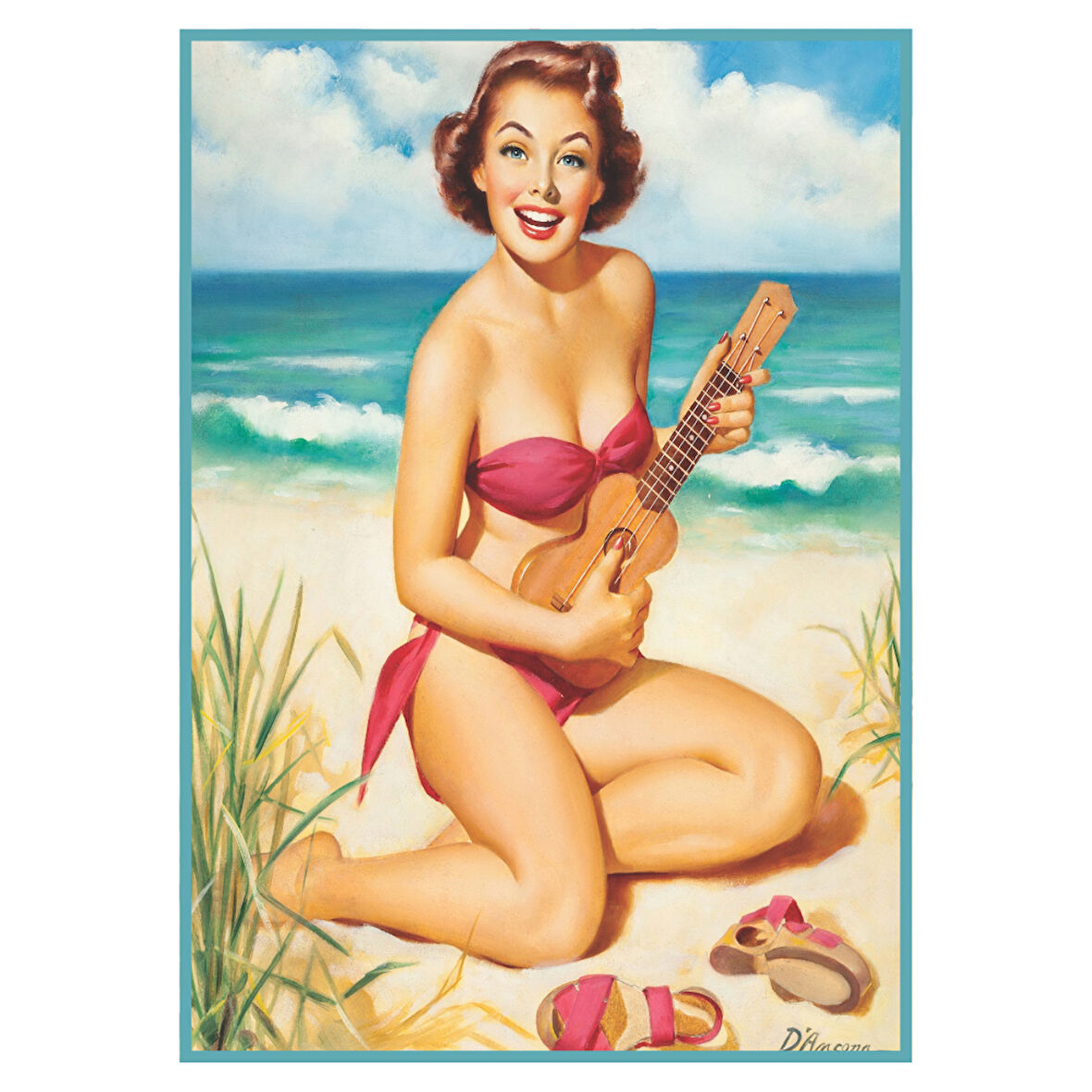 Retro Plaj Temalı Ukuleleli Kadın Ahşap Tablo