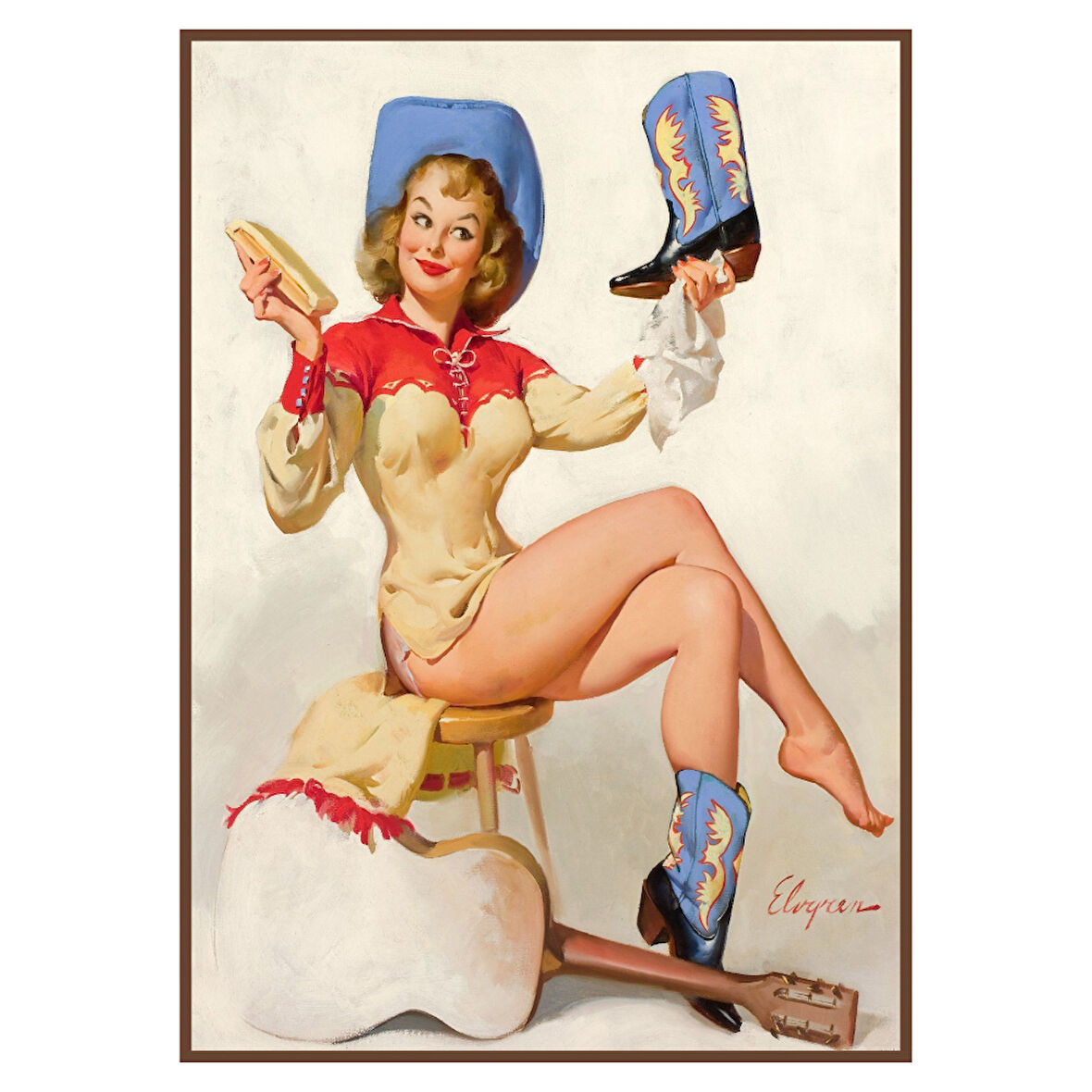 Kovboy Şapkası ve Kovboy Çizmeli Kadın Retro Ahşap Tablo