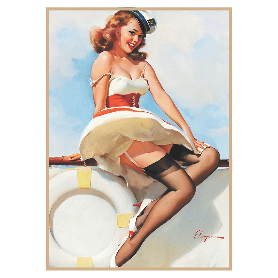 Retro Denizci Kıyafetli Kadın Figürlü Ahşap Tablo