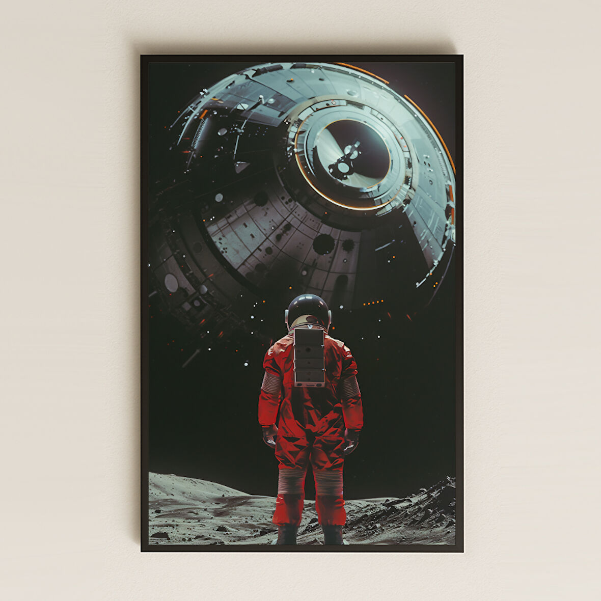 Ay Yüzeyinde Kırmızı Astronot ve Uzay Modülü Temalı Pleksi Tablo