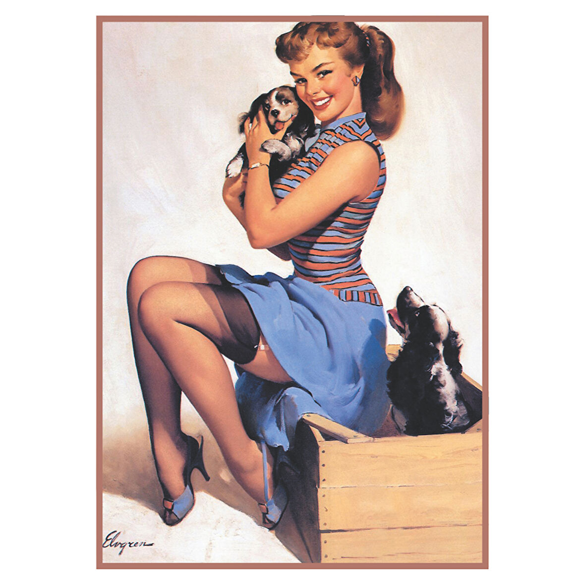 Köpeklerle Retro Stil Kadın Figürlü Ahşap Tablo