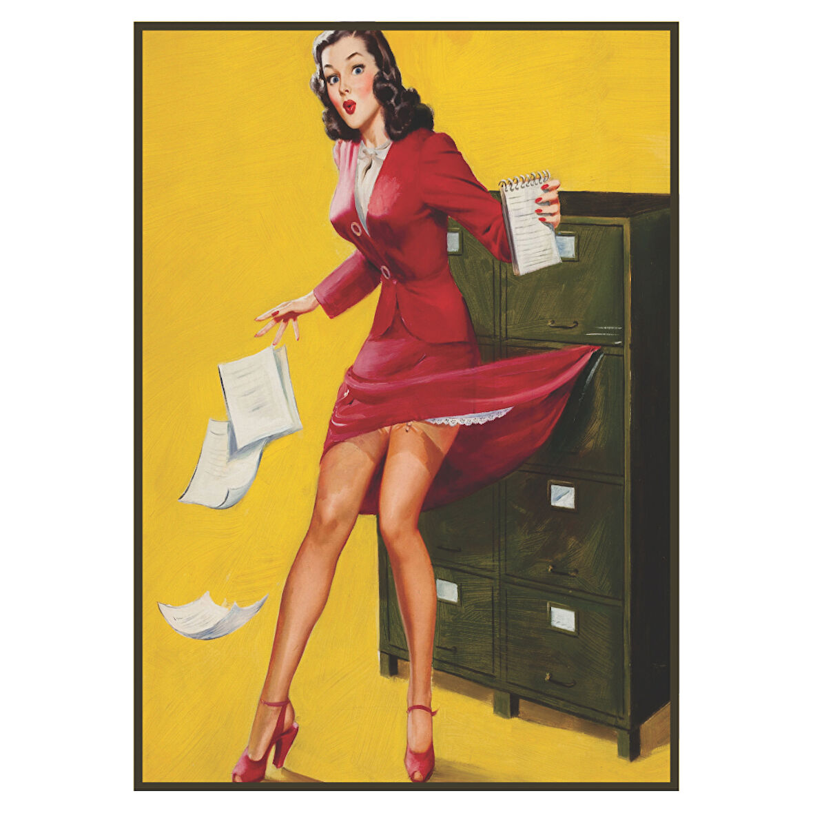 Retro Sekreter Figürlü Ahşap Tablo – Renkli Ofis Temalı Dekor