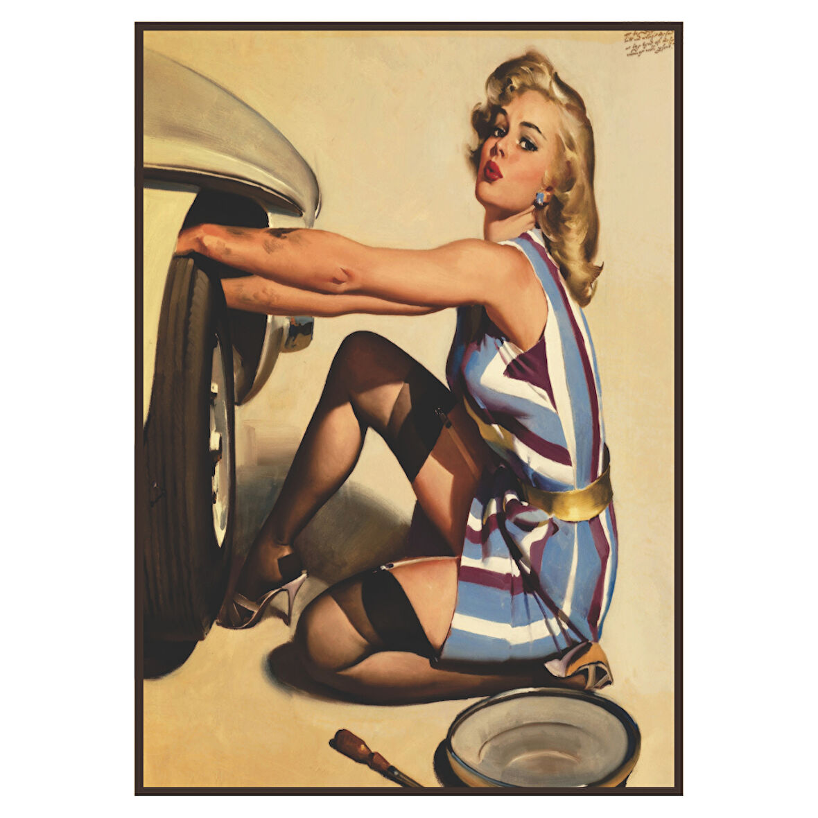 Retro Mekanik Temalı Kadın Figürlü Ahşap Tablo – Renkli Çizgili Elbiseli