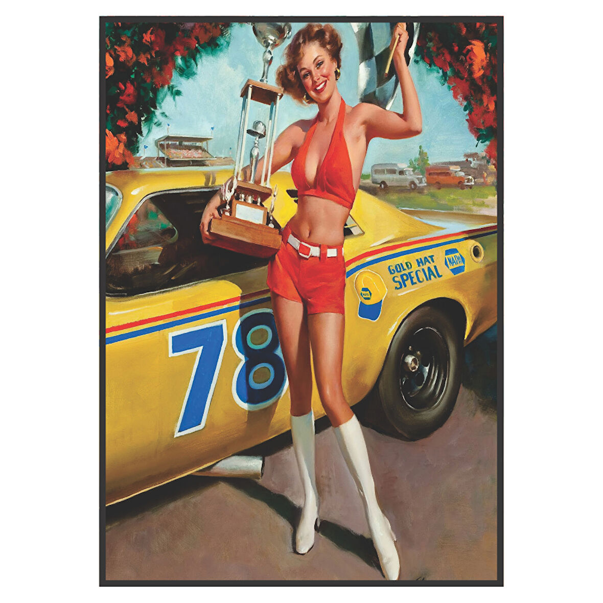 Yarış Arabası ve Kupa Tutan Retro Kadın Temalı Ahşap Tablo
