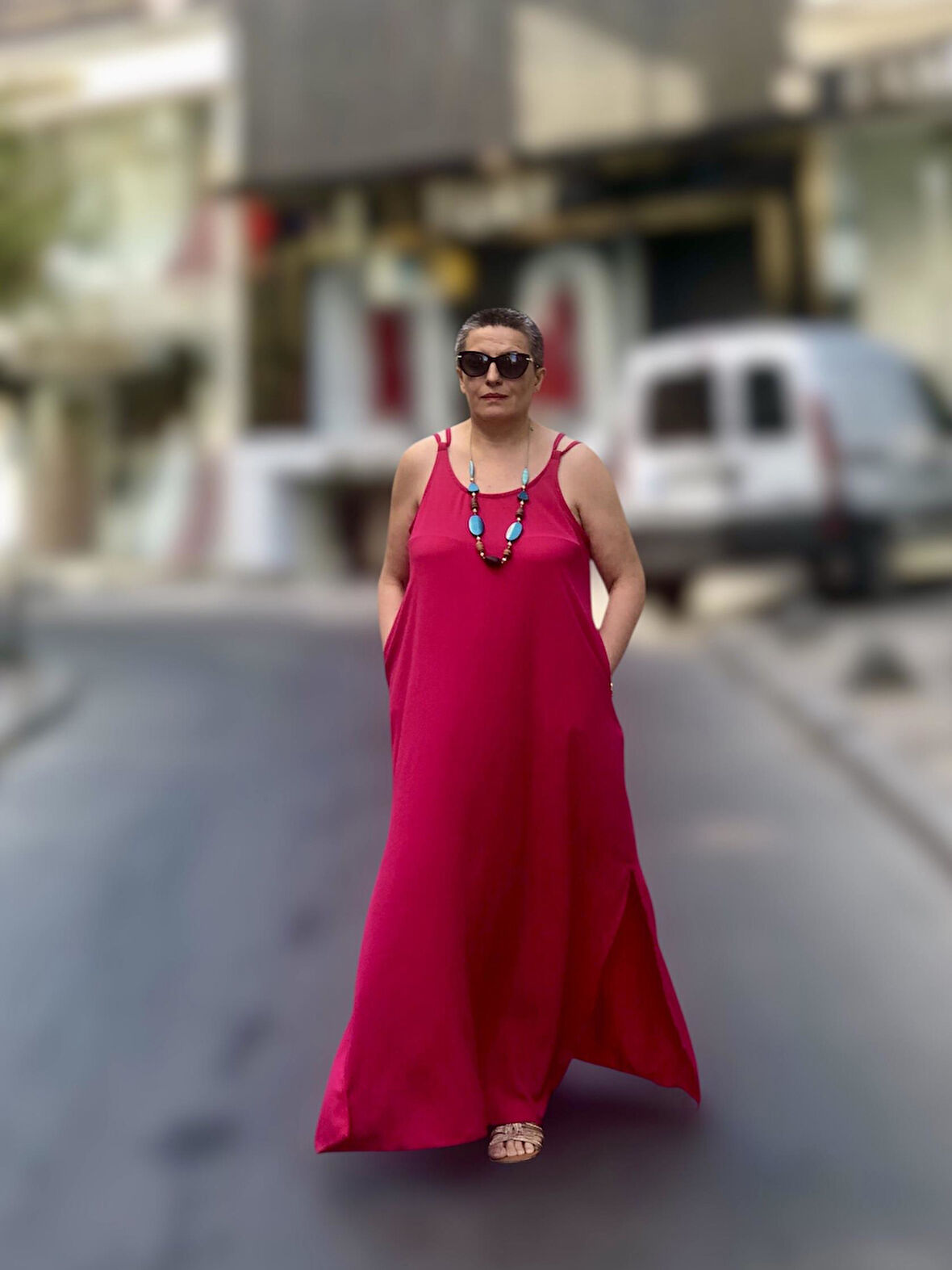 CEP DETAYLI ASKILI SALAŞ ELBİSE