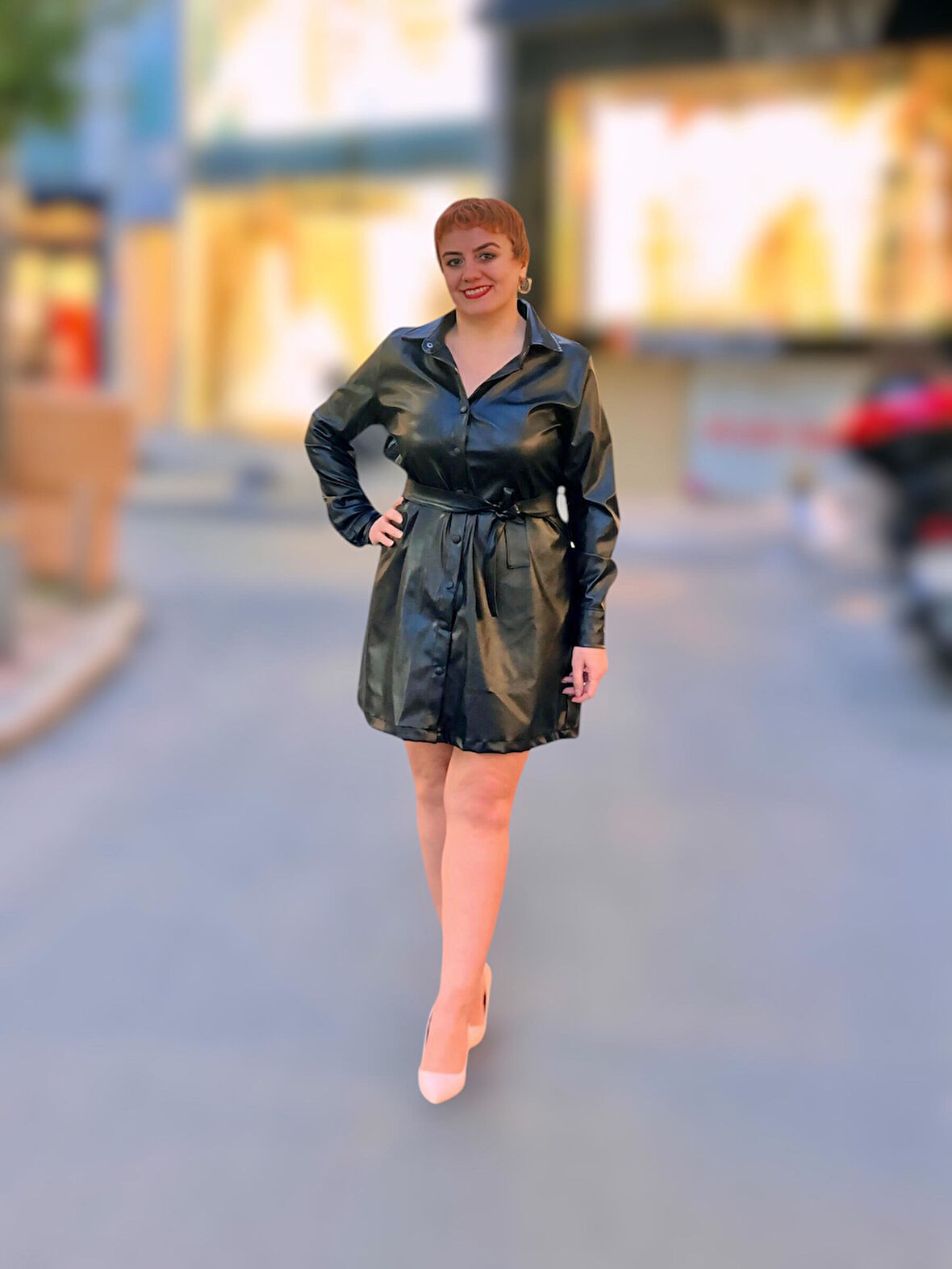 Gömlek yaka uzun kol deri elbise