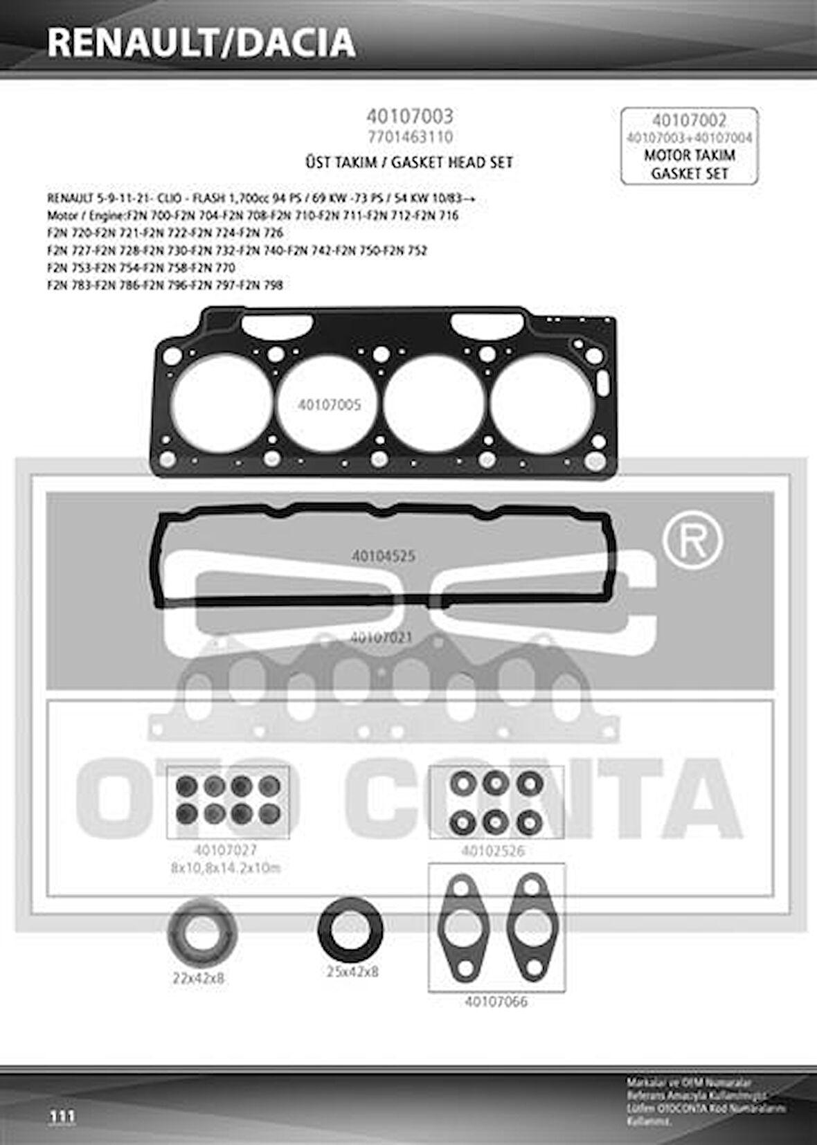 MOTOR TAKIM CONTASI FULL SKC Lİ KEÇELİ R11-R21 1700cc