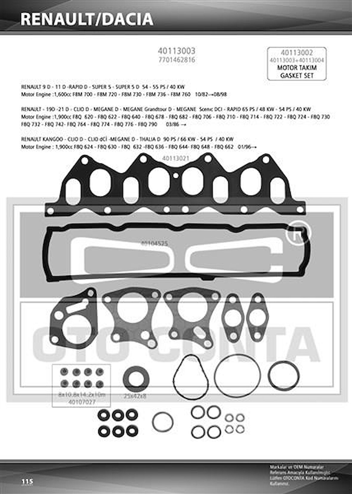 ÜST TAKIM CONTASI KNG-R19-MGN-SCENIC 1.9 DZL. KEÇELİ SUBAP LASTİKLİ SKC SİZ