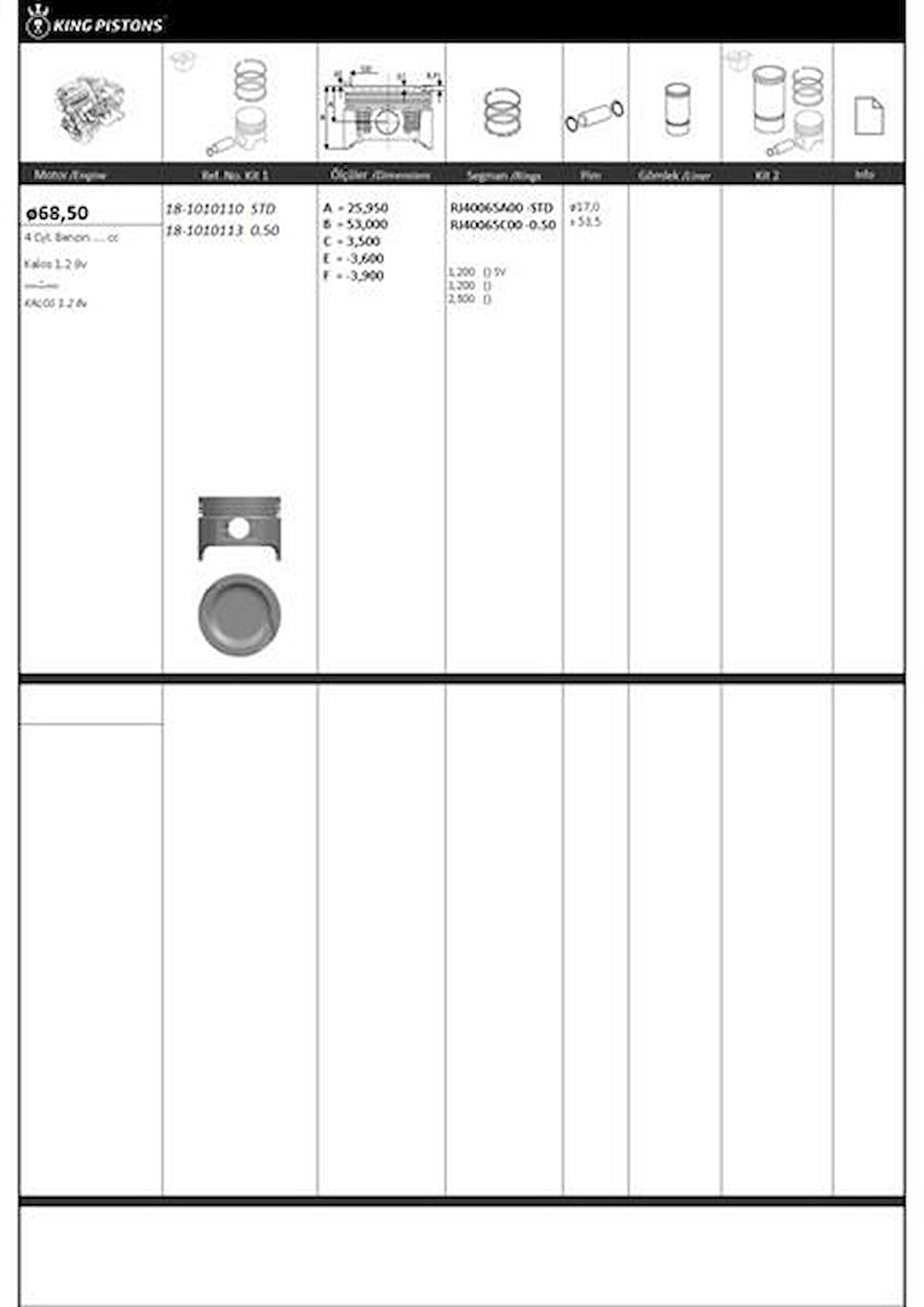 PİSTON KİTİ 1 68.5 0.50 CHEVROLET KALOS 1.2 8V KALOS 1.2 8V