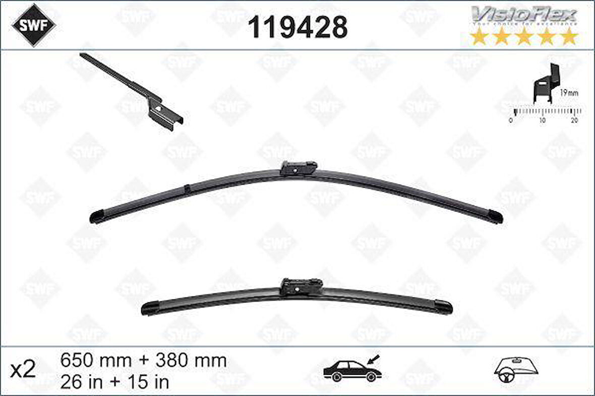 ÖN SİLECEK SÜPÜRGESİ 650/380MM MUZ TİPİ PARTNER TEPE - BERLINGO 08 GRANDE PUNTO -LINEA 08 FIAT 5 00L 12 FIESTA VI 08 CORSA D 06 CORSA E 14 AVEO 11 MITO 09 SWF