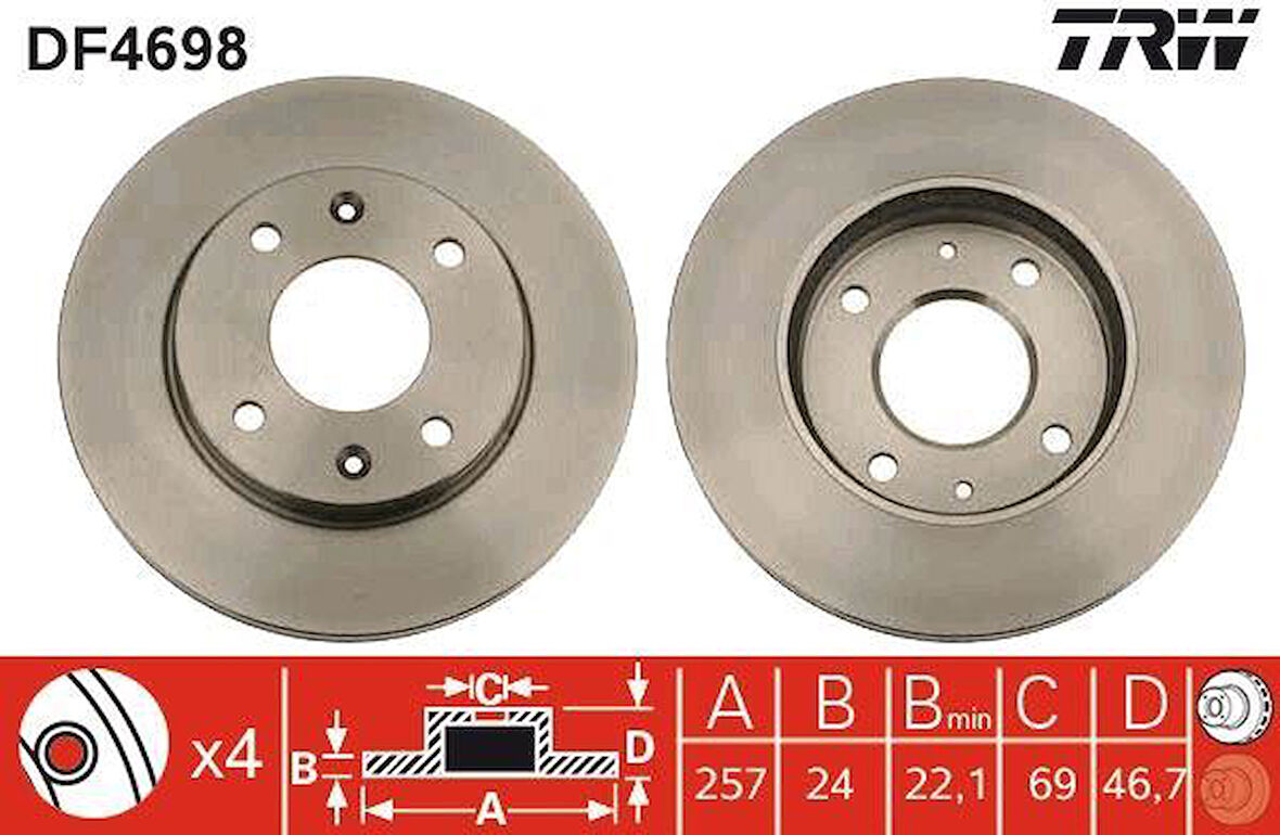 ÖN FREN AYNASI ELANTRA 1.6-1.8-2.0-2.0CRDI 00-06 MATRIX 1.5CRDI-1.6-1.8 01 ABS Lİ 257x24x4DLxHAVALI