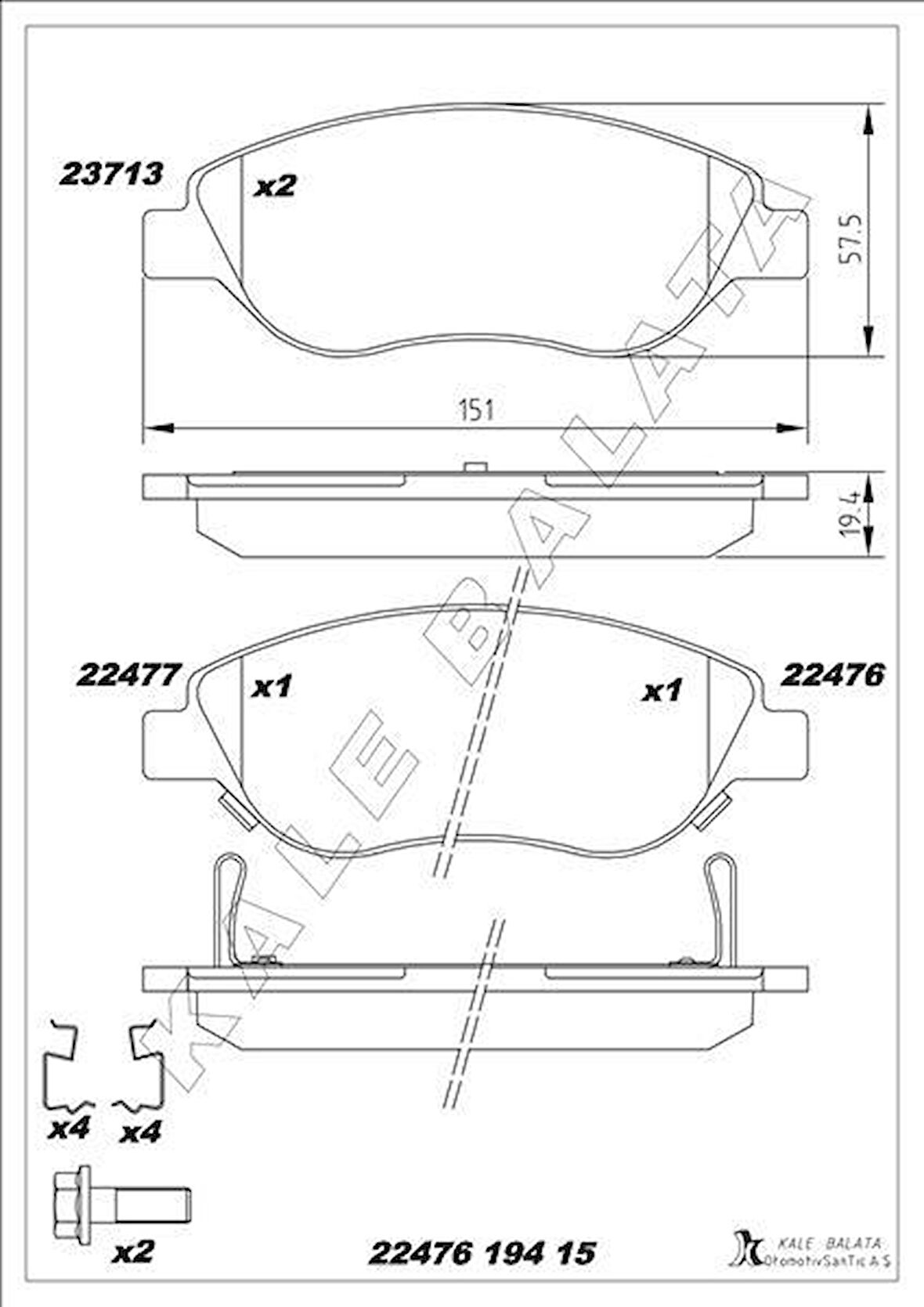 ON BALATA FIAT EGEA 15 1.4 1.5 T4 HIBRIT 1.6 D K:19 MM G:151.1 MM BÜYÜK TİP 8 ADET KLİPS