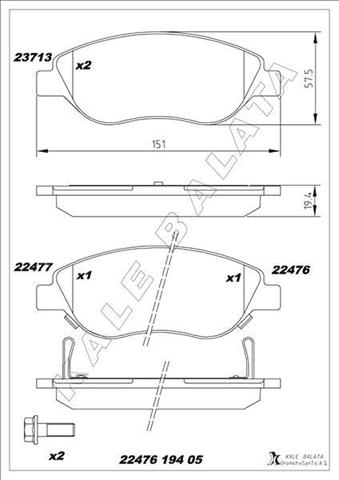 ON BALATA FIAT EGEA 15 1.4 1.5 T4 HIBRIT 1.6 D K:19 MM G:151.1 MM BÜYÜK TİP