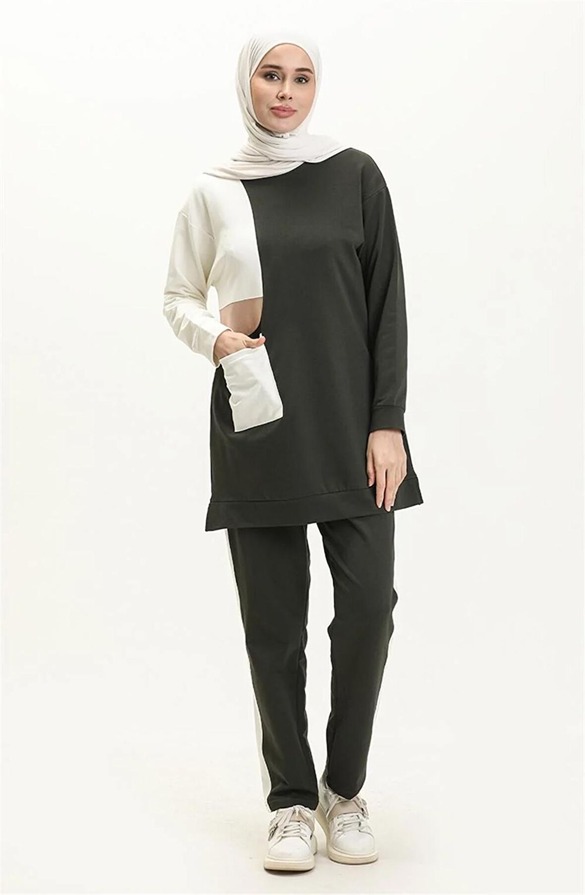 Sıfır Yandan Cep Detaylı Ribanalı İkili Eşofman Spor Takımı - 70086 - Haki