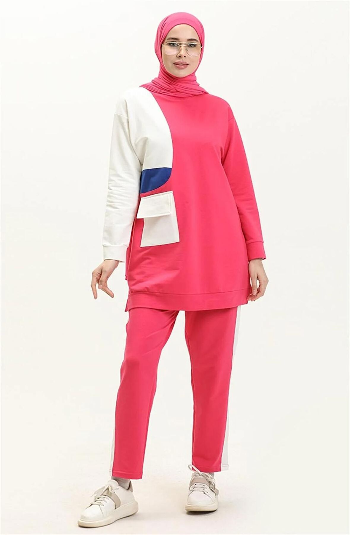 Sıfır Yandan Cep Detaylı Ribanalı İkili Eşofman Spor Takımı - 70086 - Fuşya