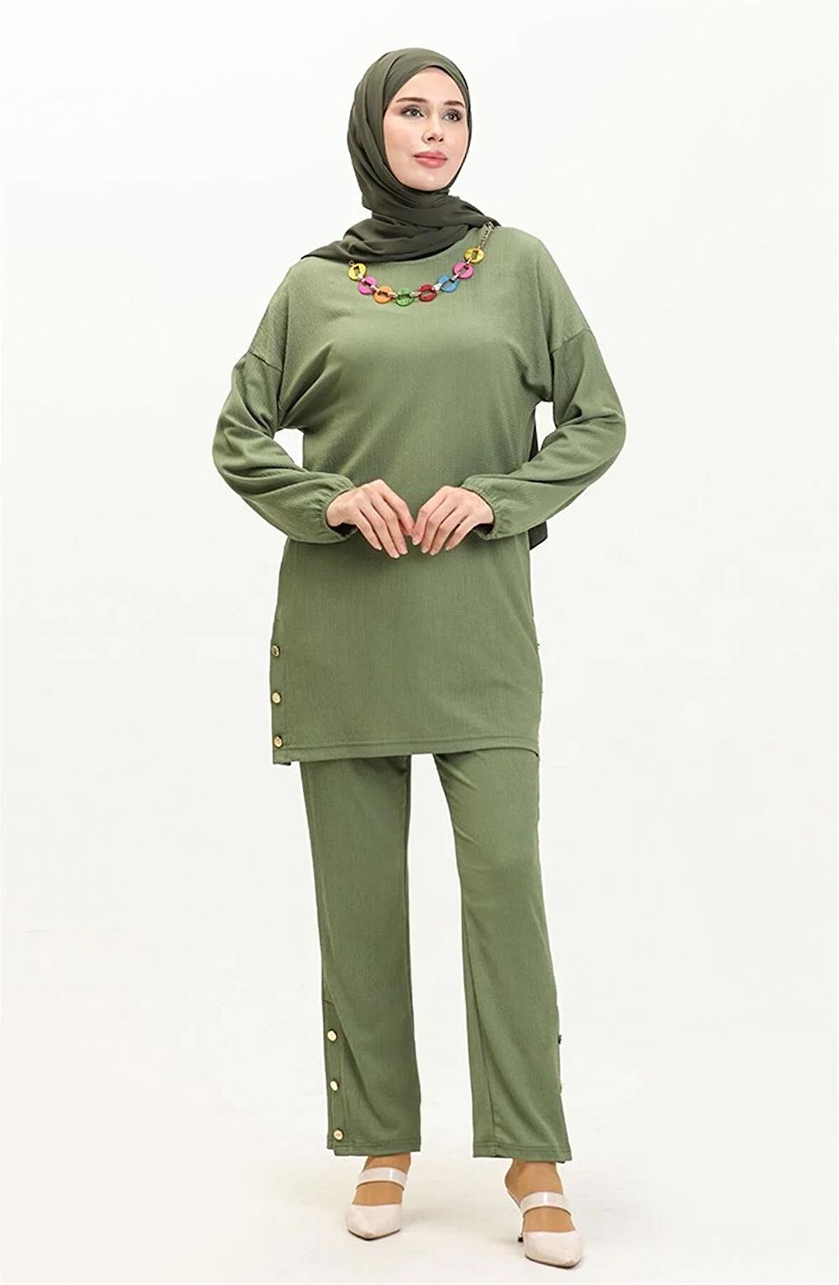Candy Kolye Detaylı Tunik Pantolon İkili Takım - 71136 - Haki