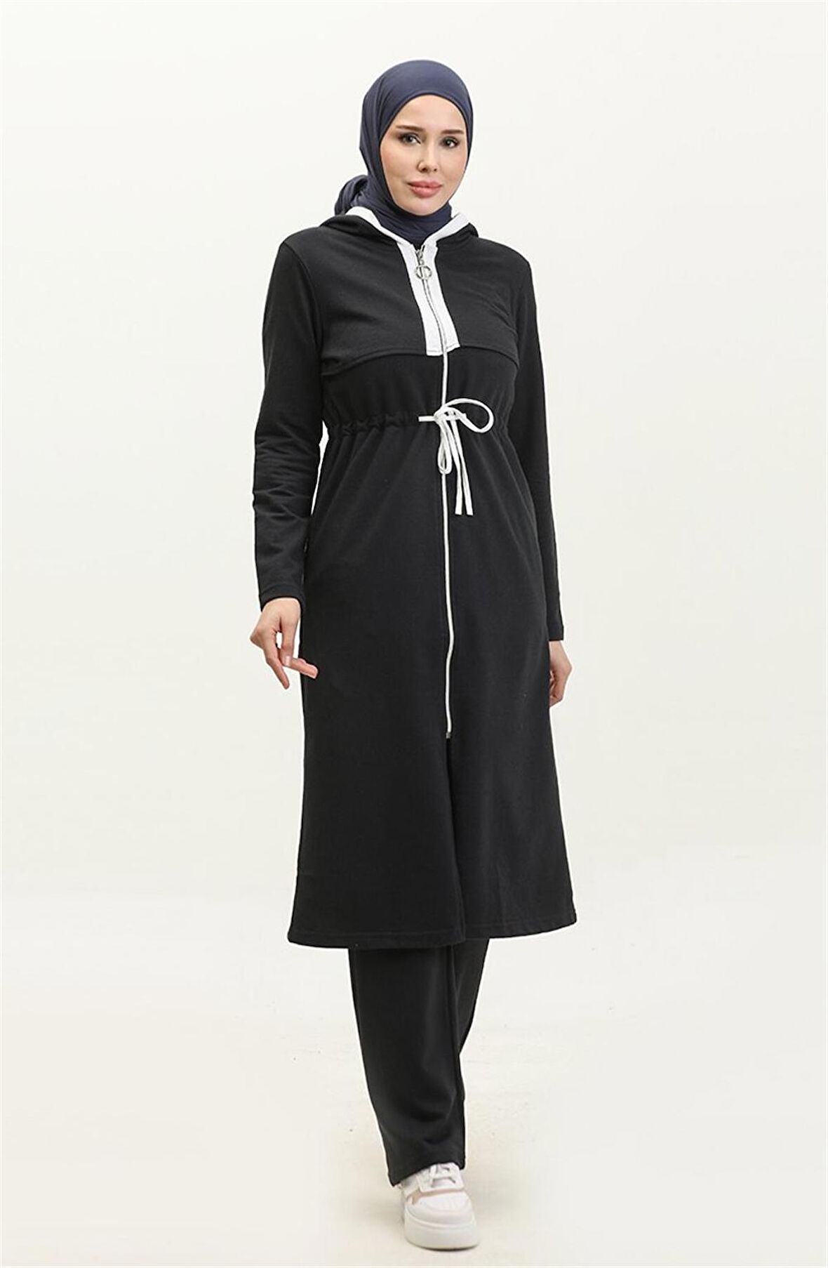 Kapşonlu Fermuarlı Belden Beyaz Bağcıklı Sade Basic İkili Spor Takımı - 03074 - Lacivert