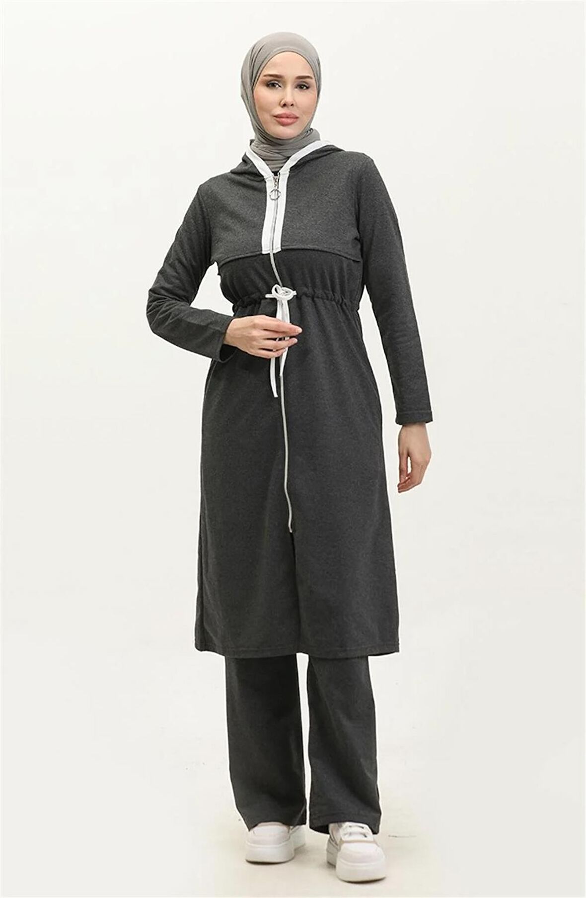 Kapşonlu Fermuarlı Belden Beyaz Bağcıklı Sade Basic İkili Spor Takımı - 03074 - Antrasit
