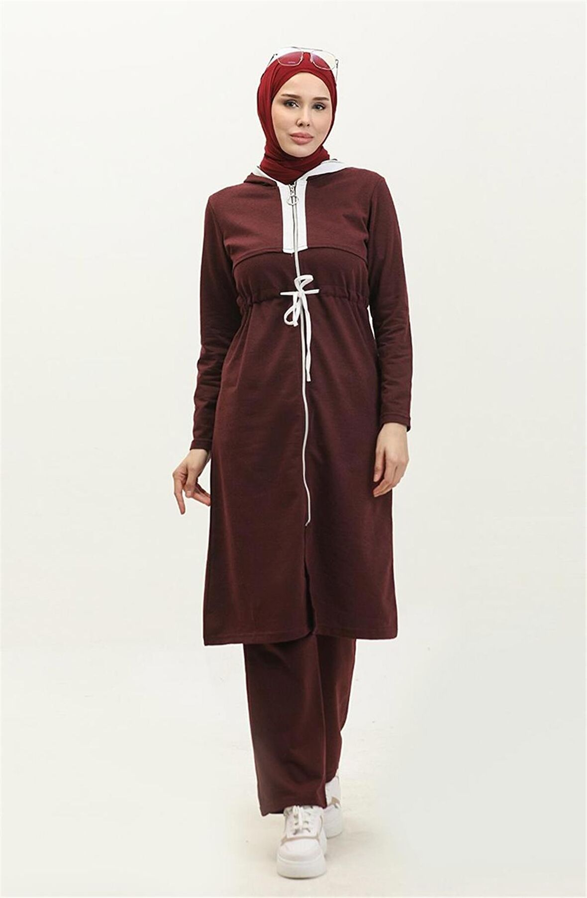 Kapşonlu Fermuarlı Belden Beyaz Bağcıklı Sade Basic İkili Spor Takımı - 03074 - Mürdüm