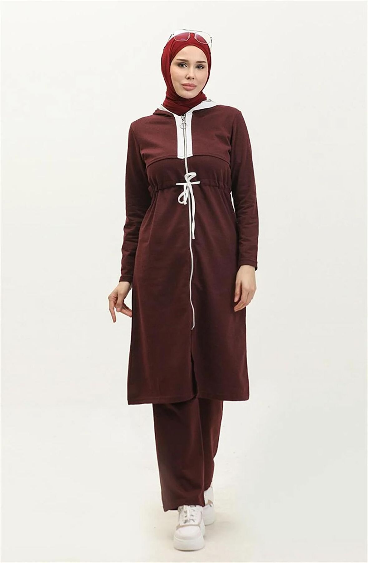 Kapşonlu Fermuarlı Belden Beyaz Bağcıklı Sade Basic İkili Spor Takımı - 03074 - Mürdüm