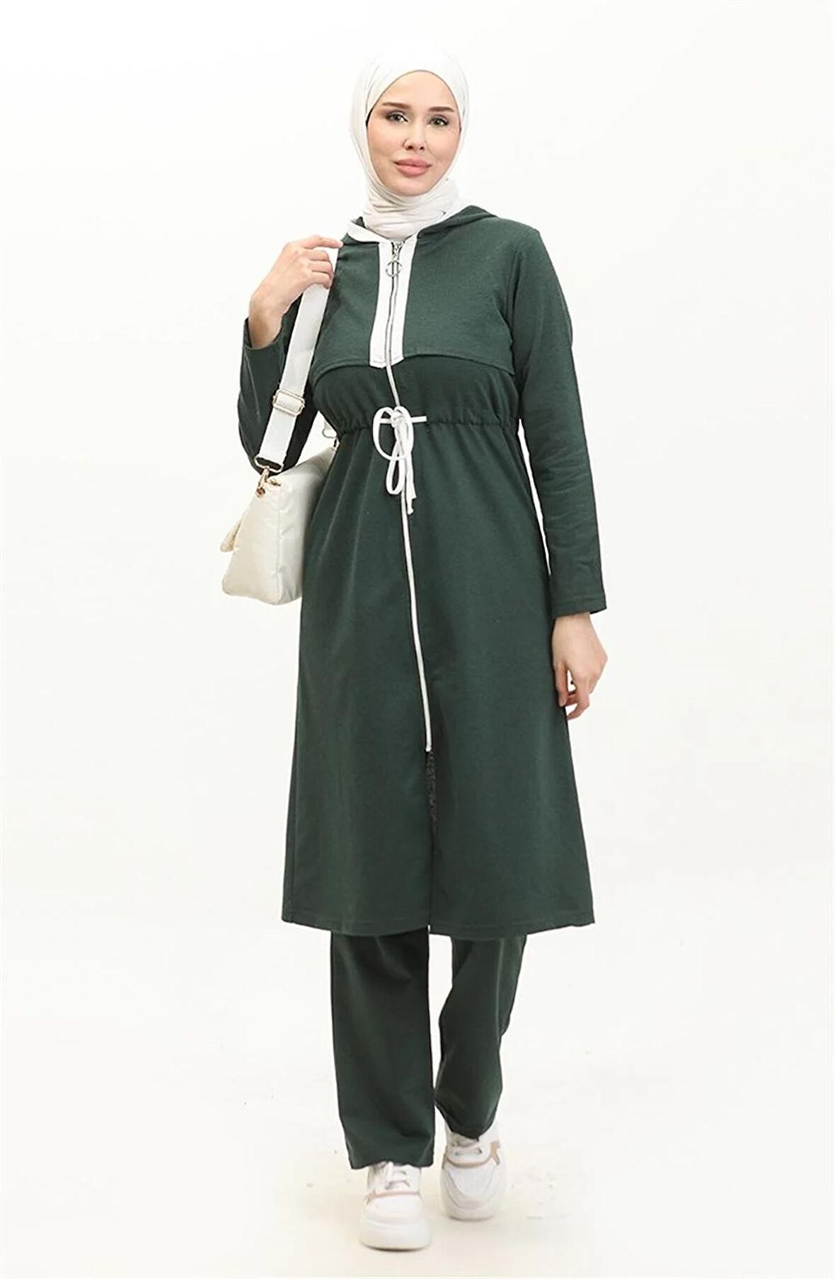 Kapşonlu Fermuarlı Belden Beyaz Bağcıklı Sade Basic İkili Spor Takımı - 03074 - Nefti