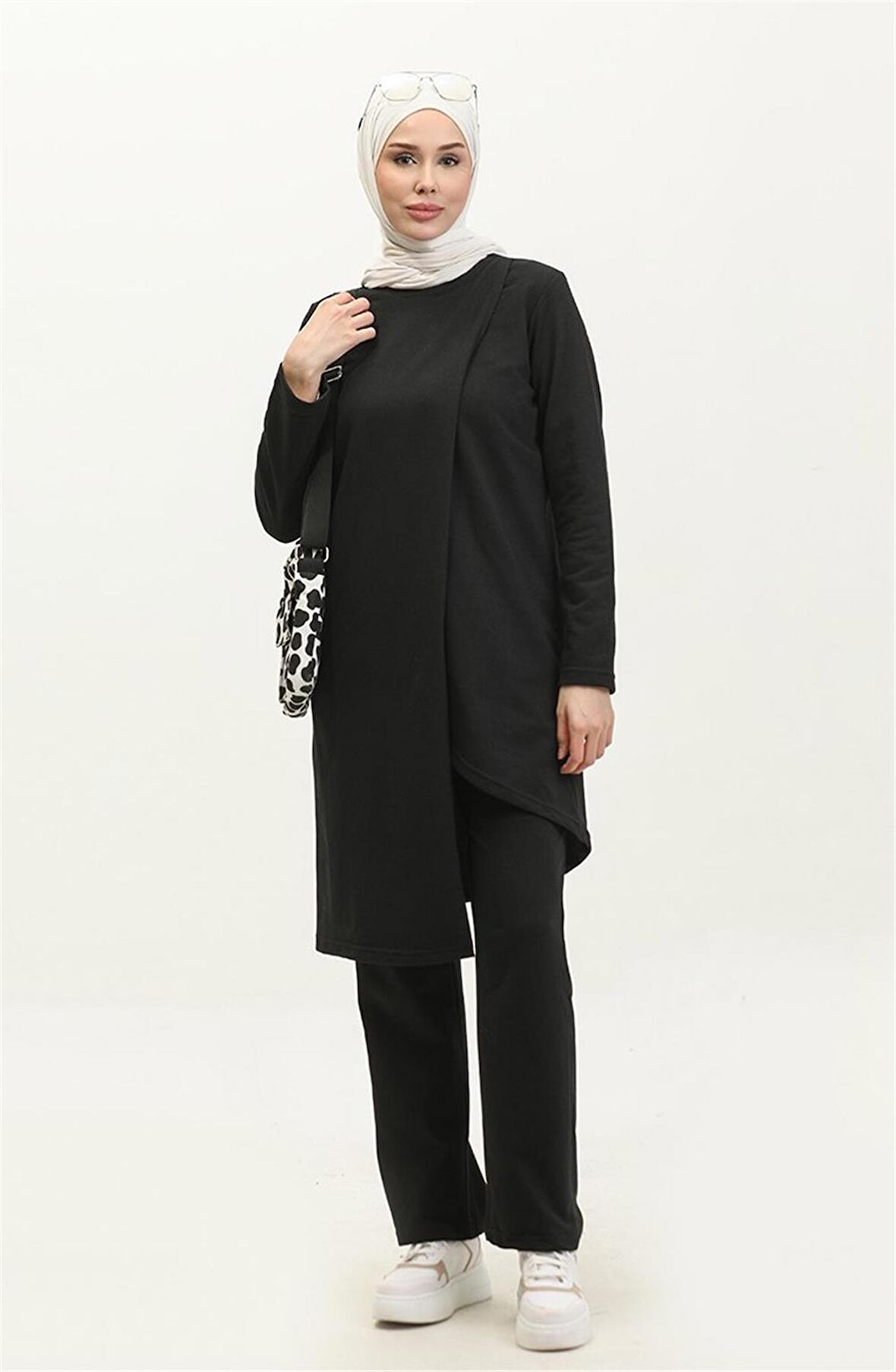 Kruvaze Bisiklet Yaka Sade Basic Tunik Panolon İkili Takım - 03076 - Siyah