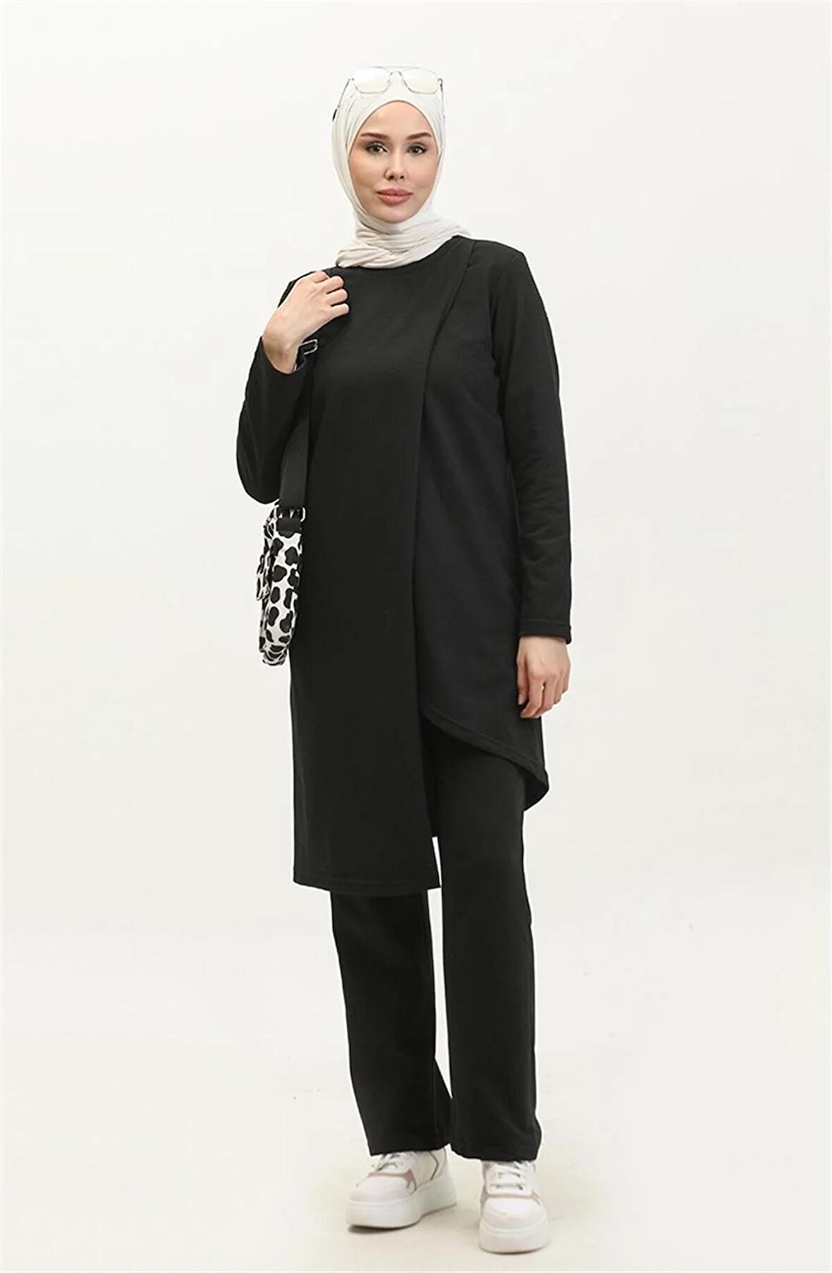 Kruvaze Bisiklet Yaka Sade Basic Tunik Panolon İkili Takım - 03076 - Siyah