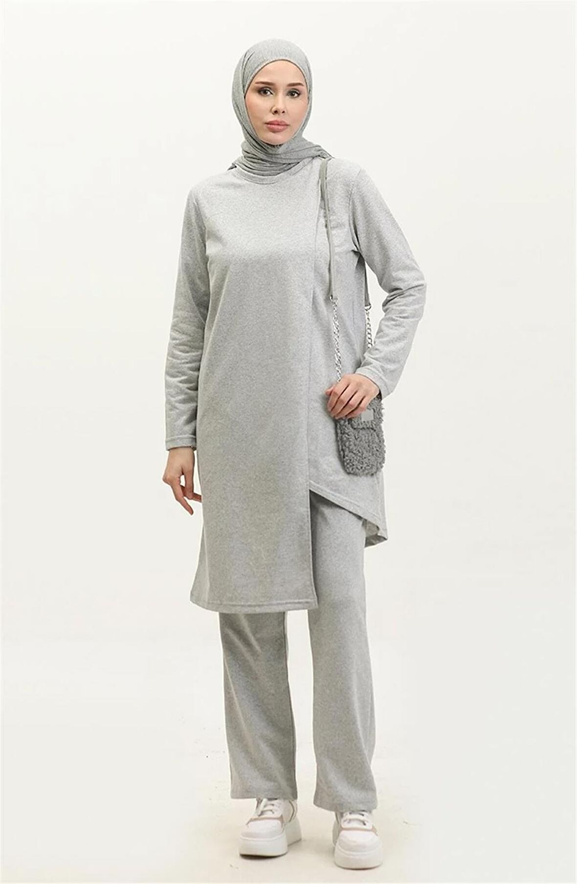 Kruvaze Bisiklet Yaka Sade Basic Tunik Panolon İkili Takım - 03076 - Gri