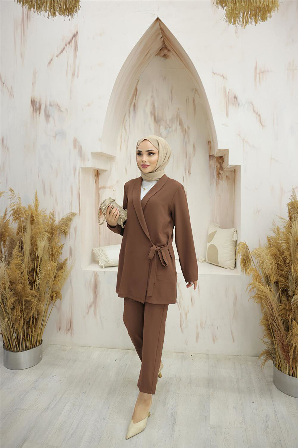 Yandan Bağlamalı Krep Ceket İkili Takım - 71194 - Kahverengi