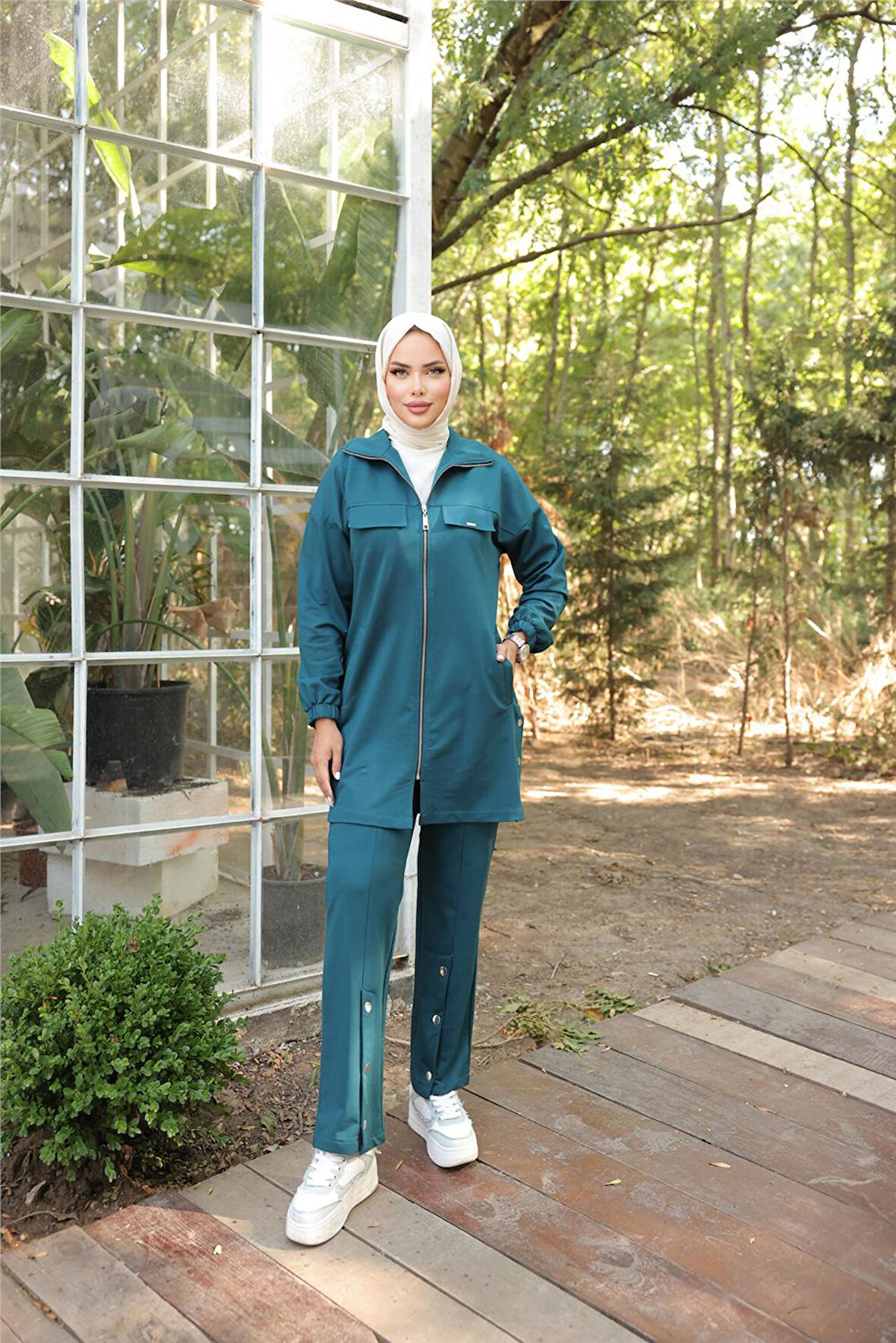 Fermuarlı Cepli Çıtçıt Detayı İkili Tesettür Eşofman Takımı - 71207.208 - Koyu Petrol