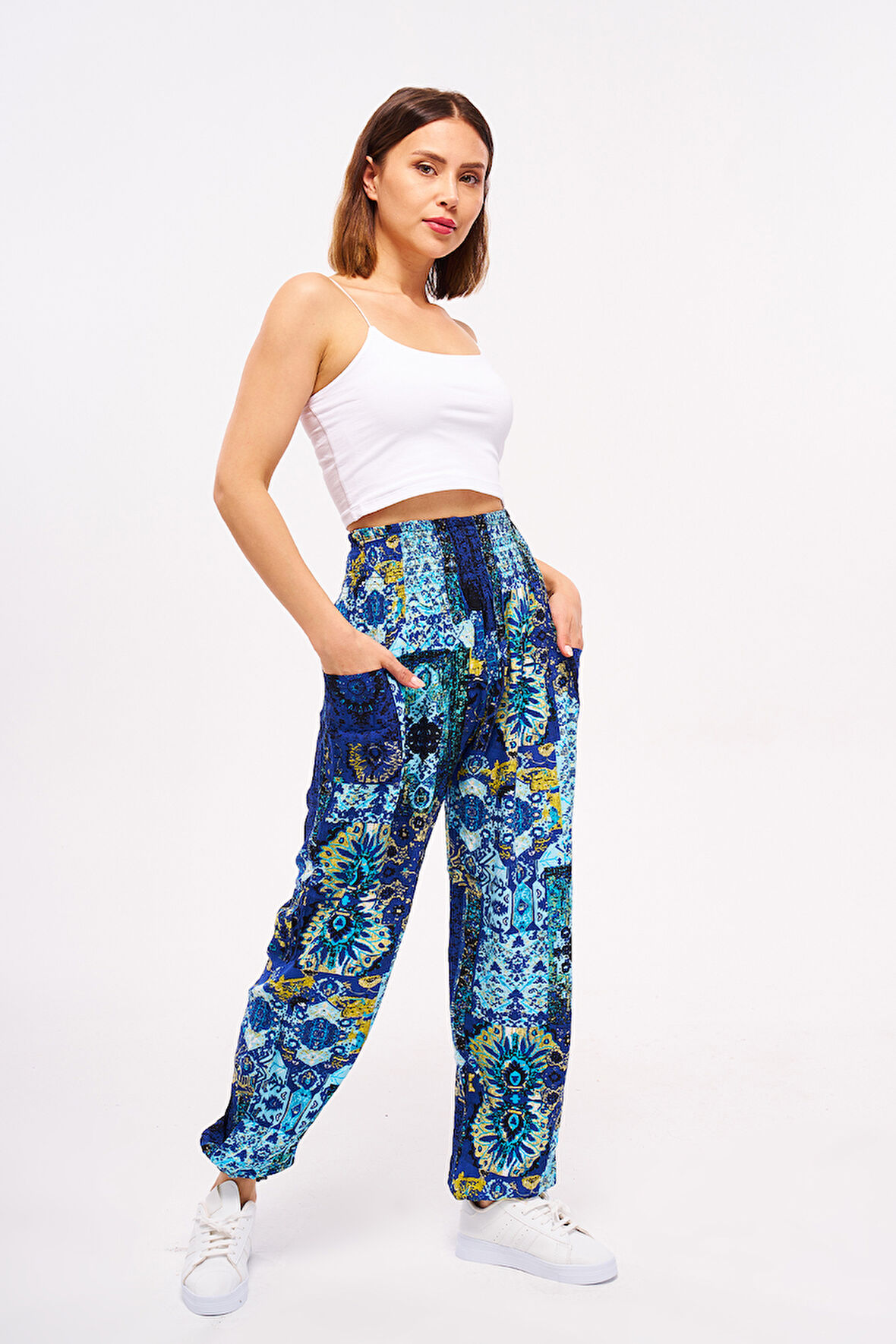 Mavi Etnik Desenli Kadın Şalvar Yoga Pantolonu %100 Viskon Çift Cepli - 2460