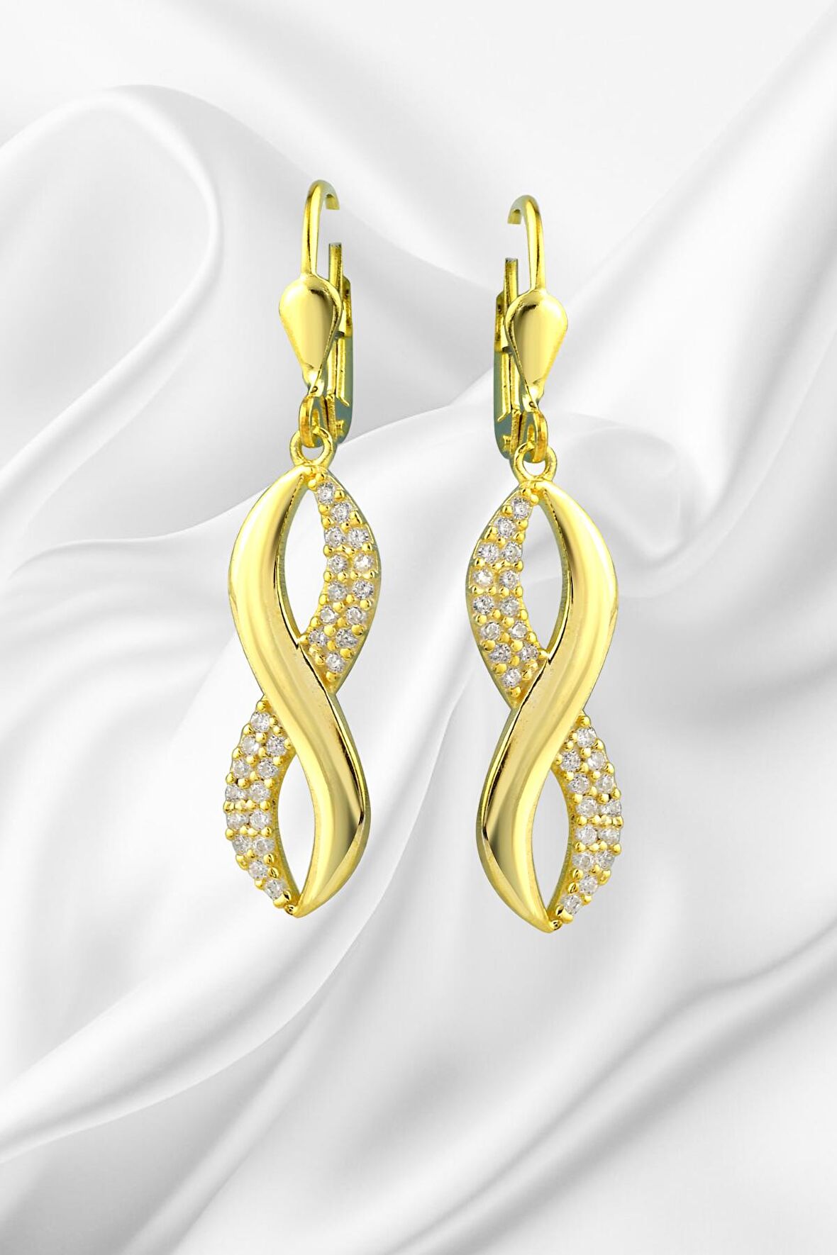 Gümüş  Sonsuzluk Model Zirkon Taşlı Sallantılı Gold  Küpe