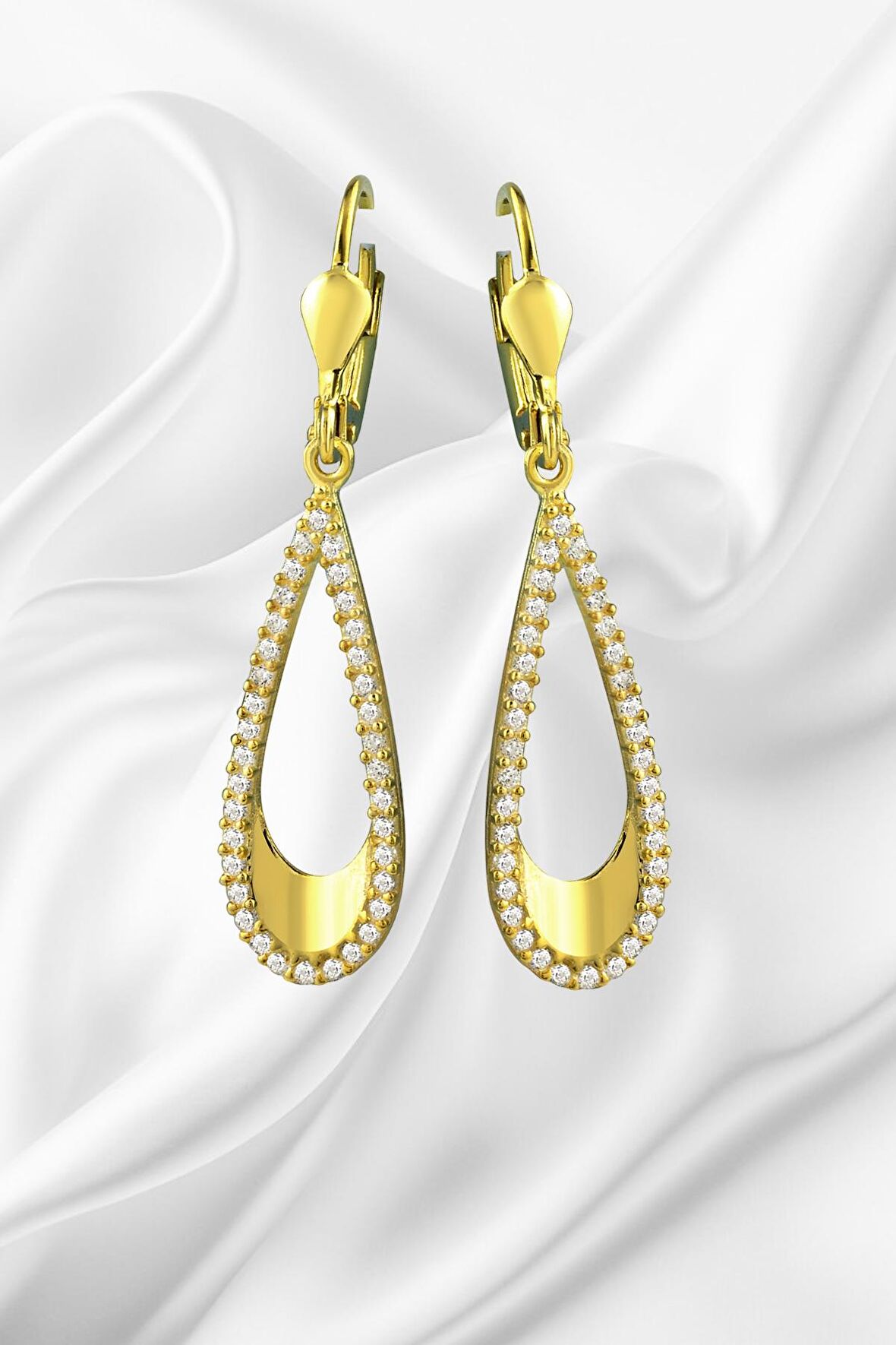 Gümüş  Su Damlası Model Zirkon Taşlı Sallantılı Model Gold  Küpe