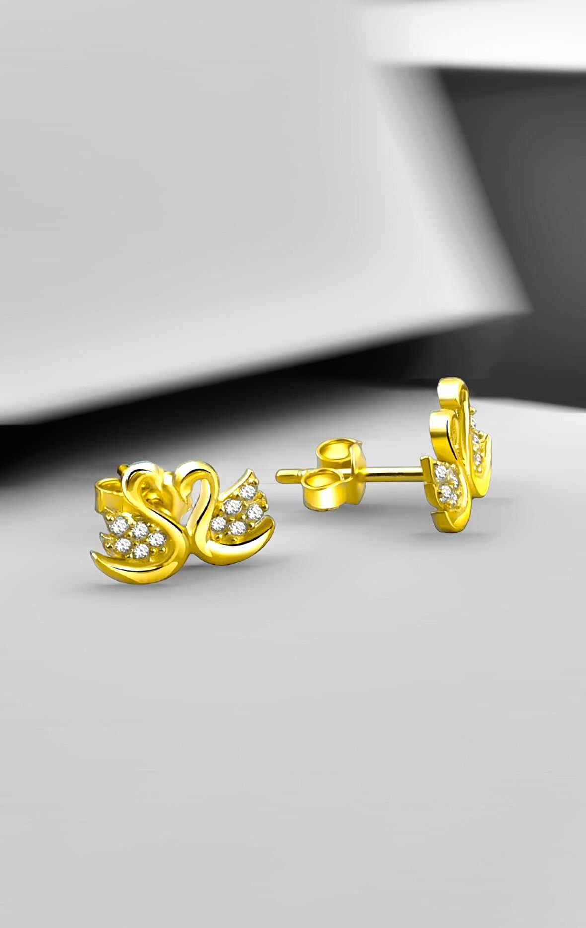Gümüş Zirkon Taşlı Gold Renkli Çifte Kumrular Küpe