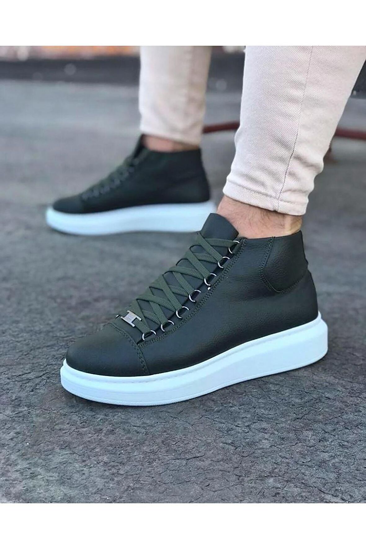 WG032 Haki Bağcıklı Sneakers  Yarım Bilek Bot