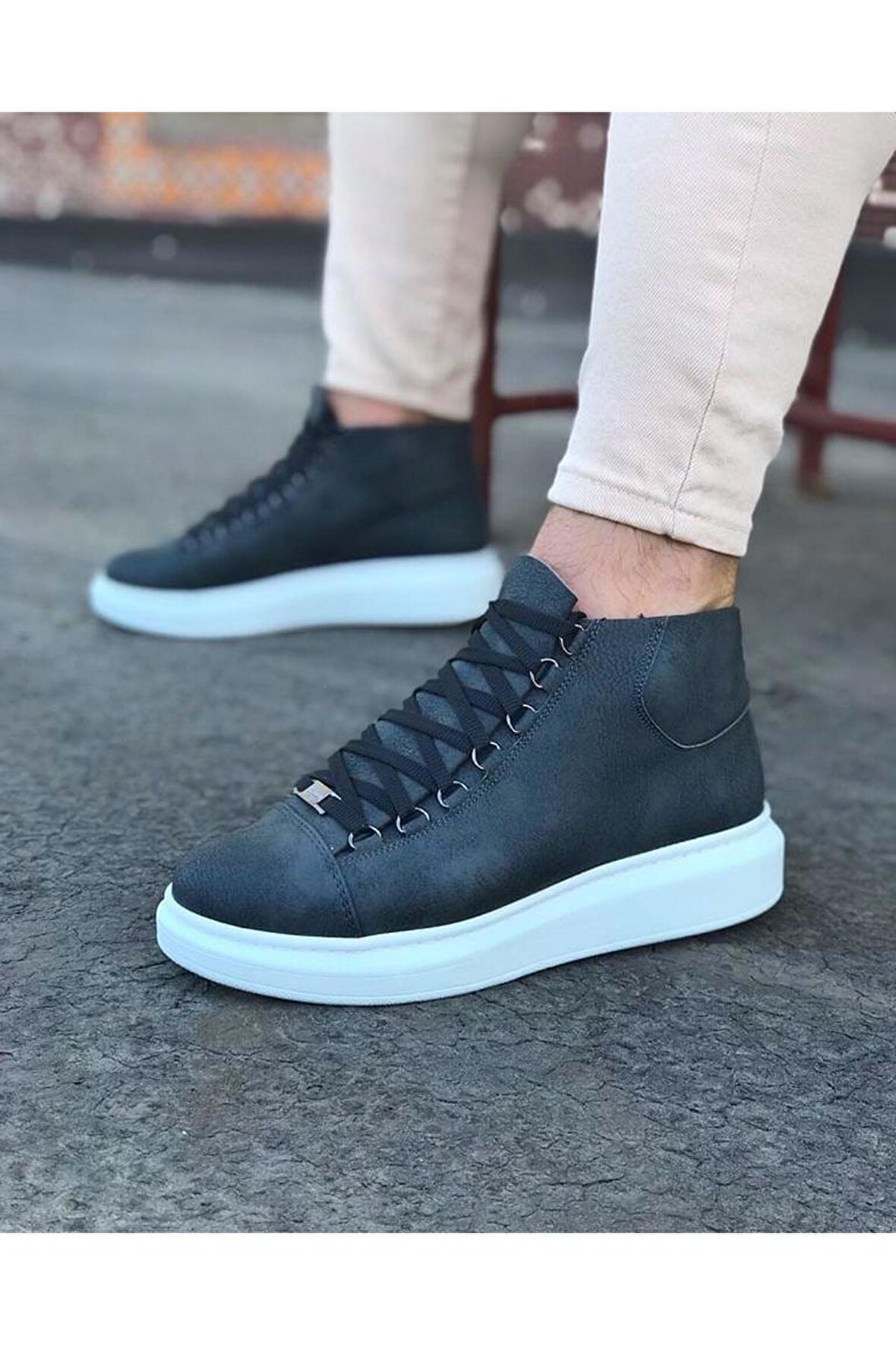 WG032 Gri Bağcıklı Sneakers  Yarım Bilek Bot