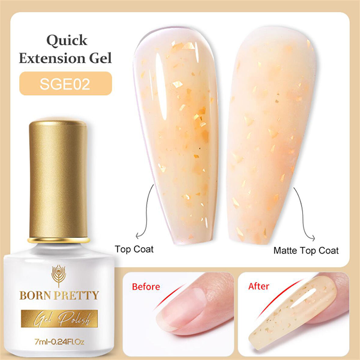 BORN PRETTY 7ml Gold Flakes Glitter Quick Building Gel SGE02 (55453)