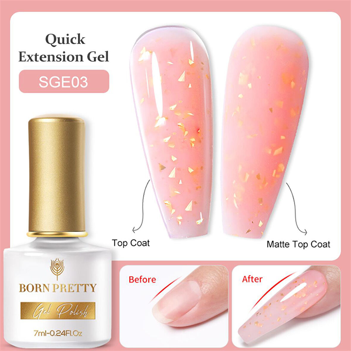 BORN PRETTY 7ml Gold Flakes Glitter Quick Building Gel SGE03 (55453)