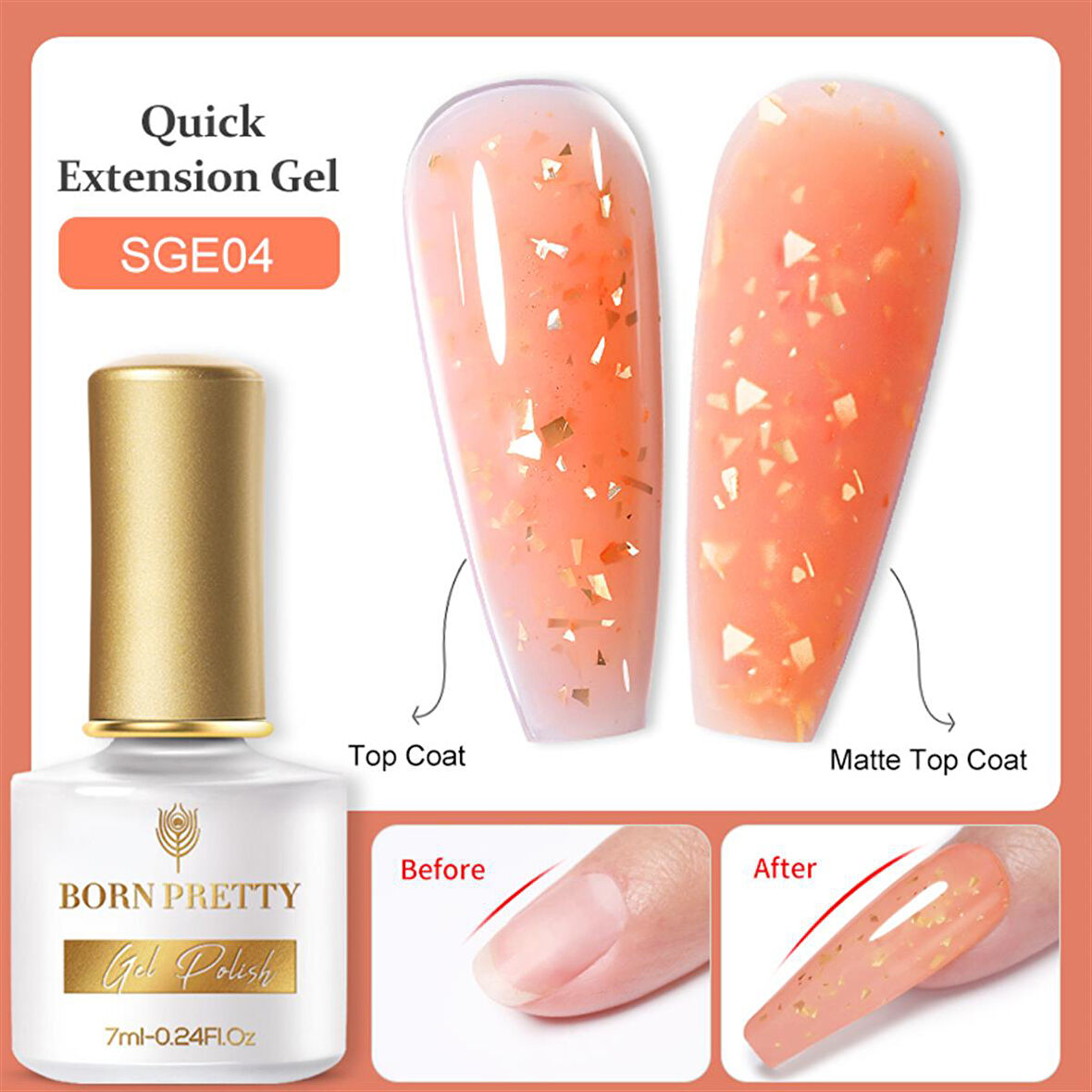 BORN PRETTY 7ml Gold Flakes Glitter Quick Building Gel SGE04 (55453)