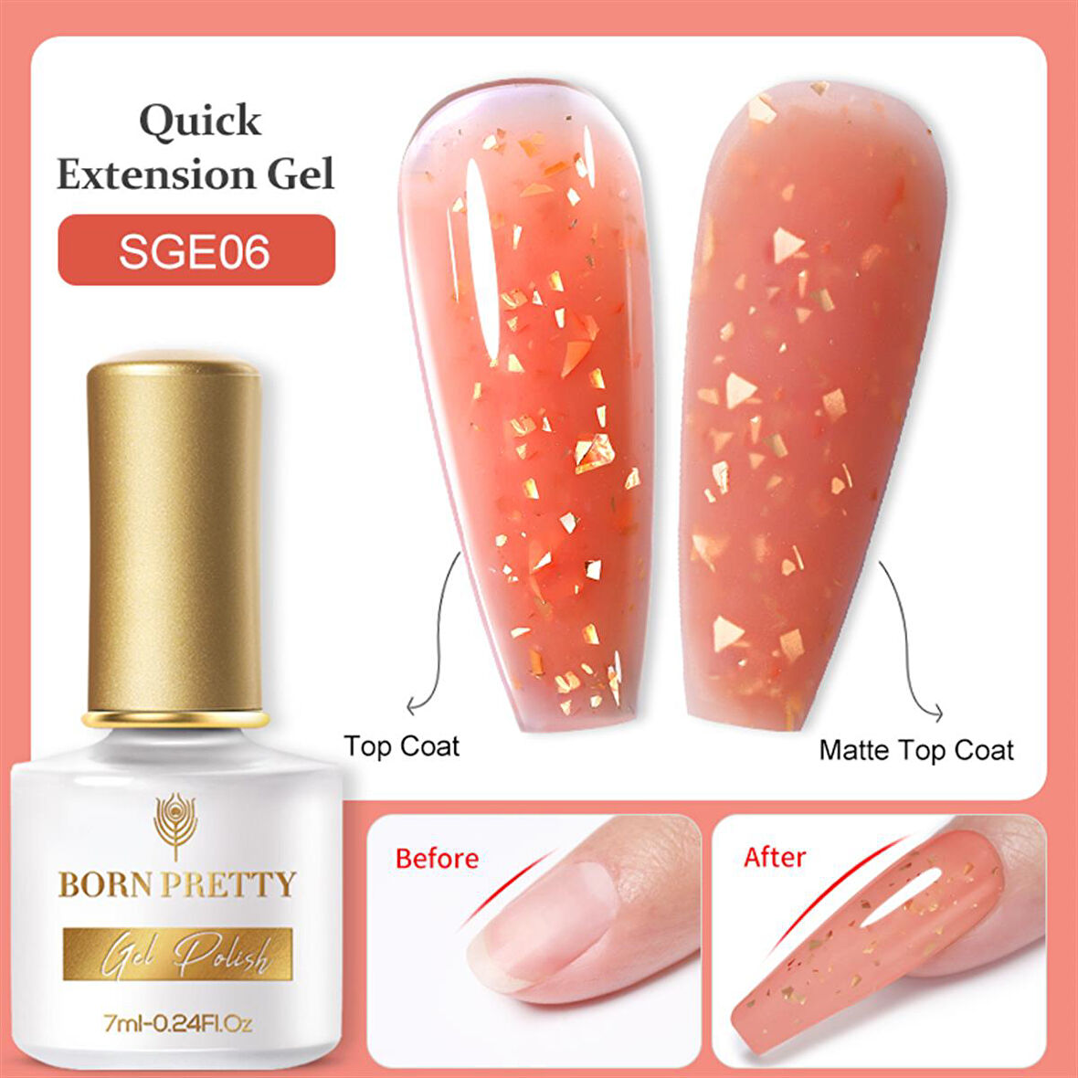 BORN PRETTY 7ml Gold Flakes Glitter Quick Building Gel SGE06 (55453)