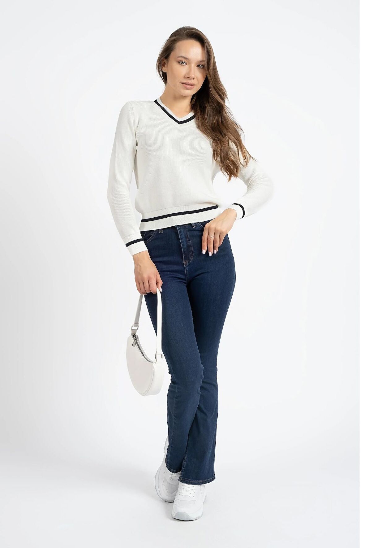 RTD&VLD Kadın VT2462 V Yaka Triko Kazak Beyaz