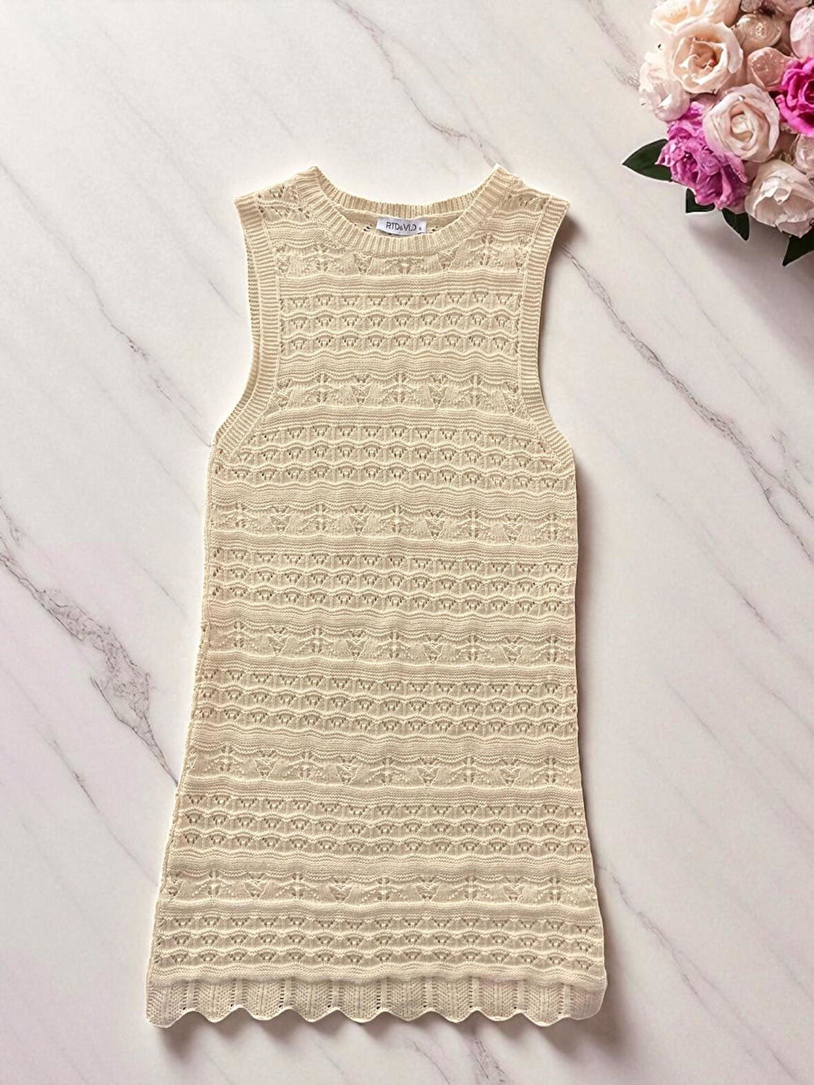 RTD&VLD Kadın Vita-194  Bisiklet Yaka Ajurlu Triko Elbise Sarı