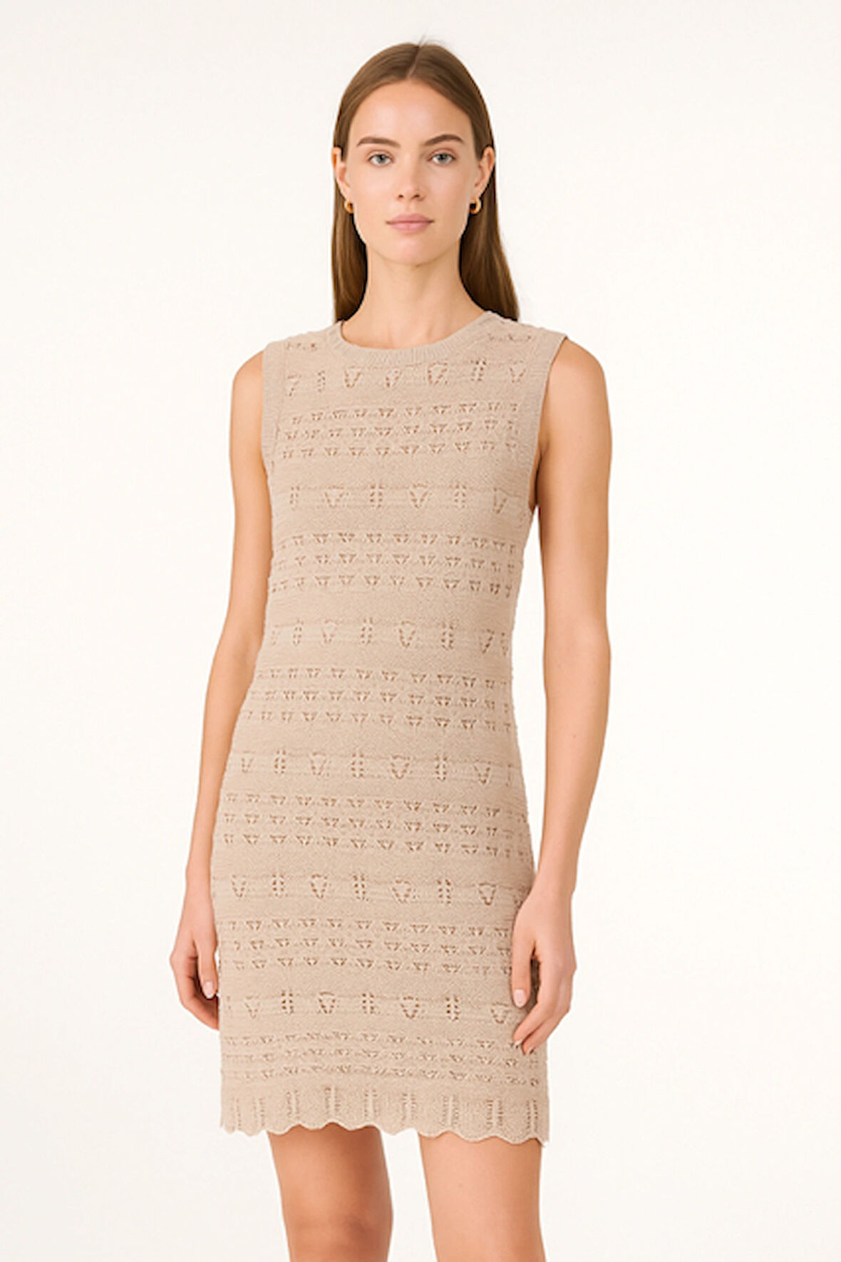 RTD&VLD Kadın Vita-194  Bisiklet Yaka Ajurlu Triko Elbise Bej
