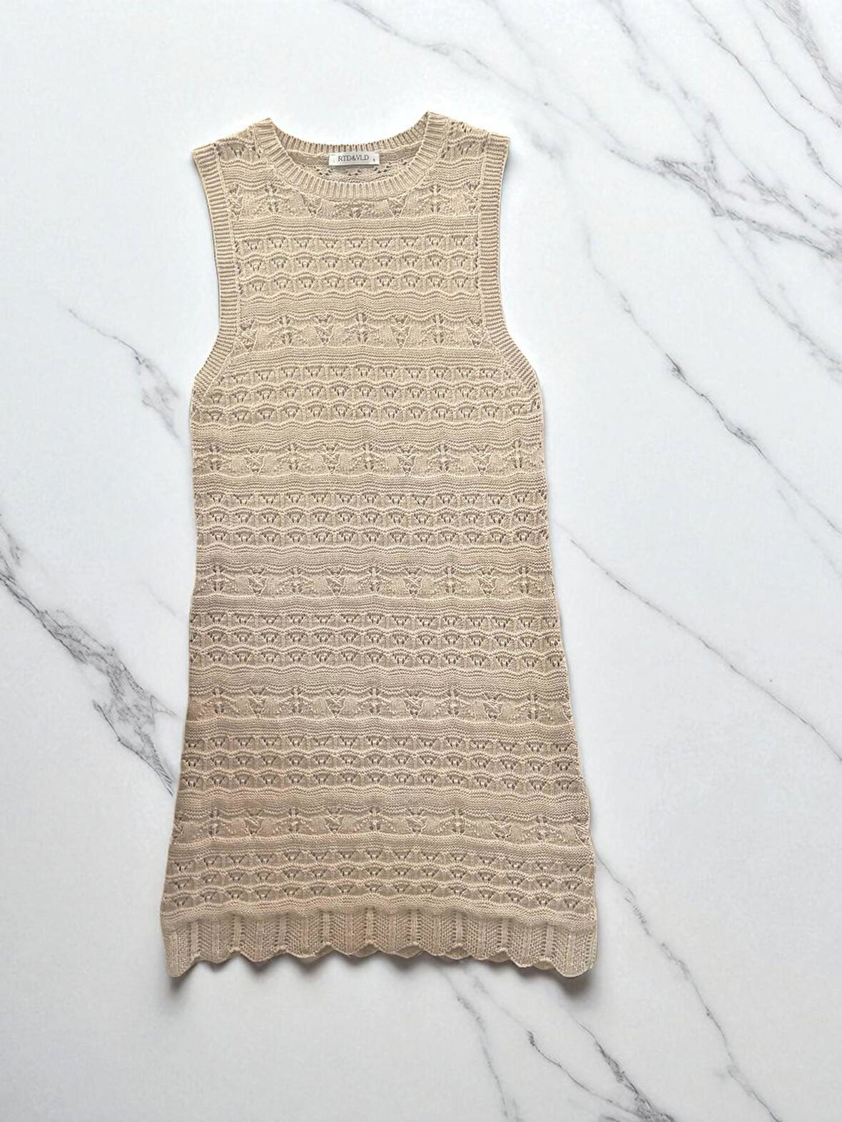 RTD&VLD Kadın Vita-194  Bisiklet Yaka Ajurlu Triko Elbise Bej