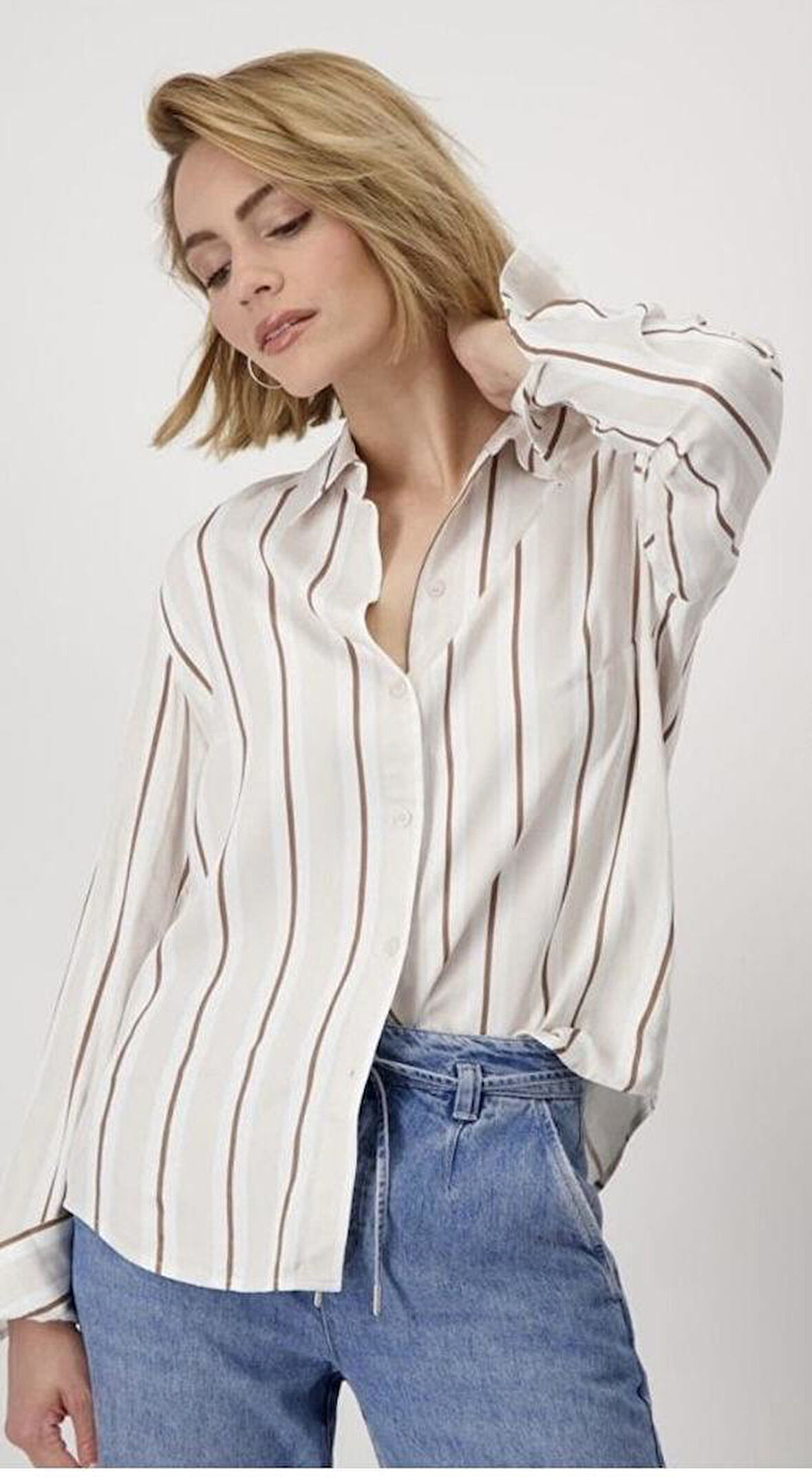 Bej Kahve Çizgili Viskon Gömlek